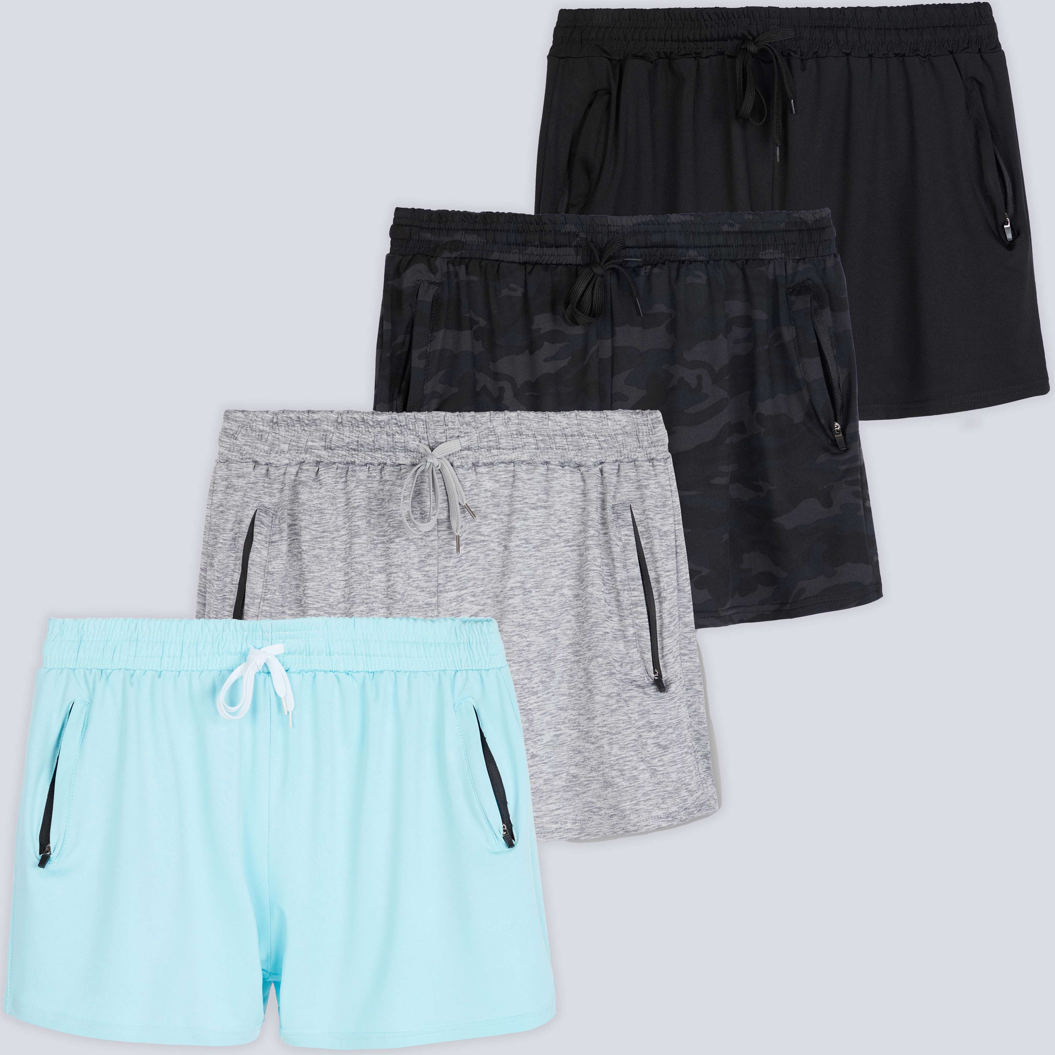 4 Pack: Womens Active Dry-Fit Shorts with Zipper Pockets