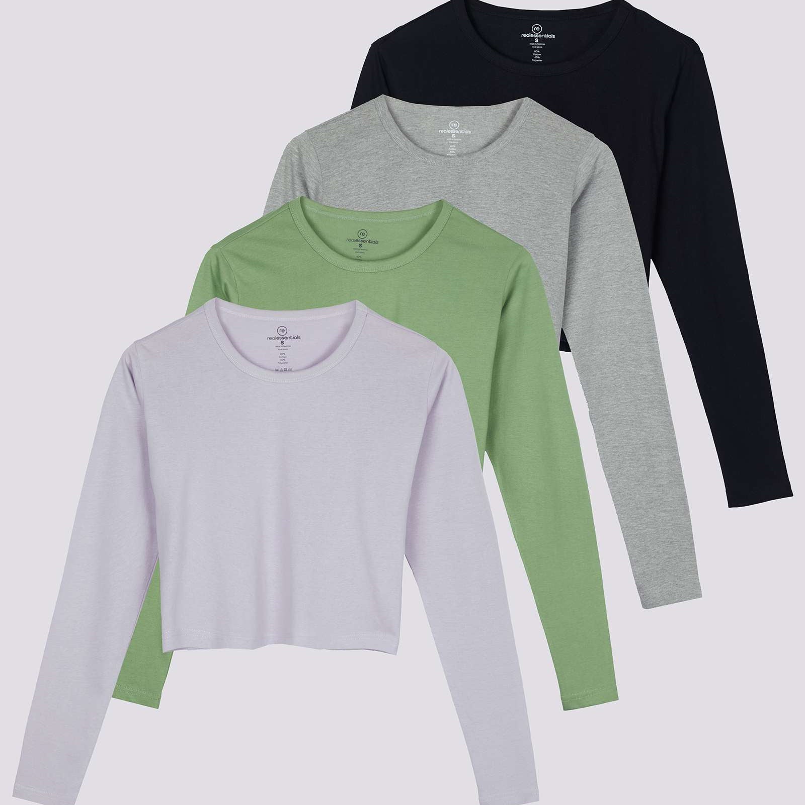 4 Pack: Women's Long Sleeve Crew Crop Top ( Available in Plus Size)