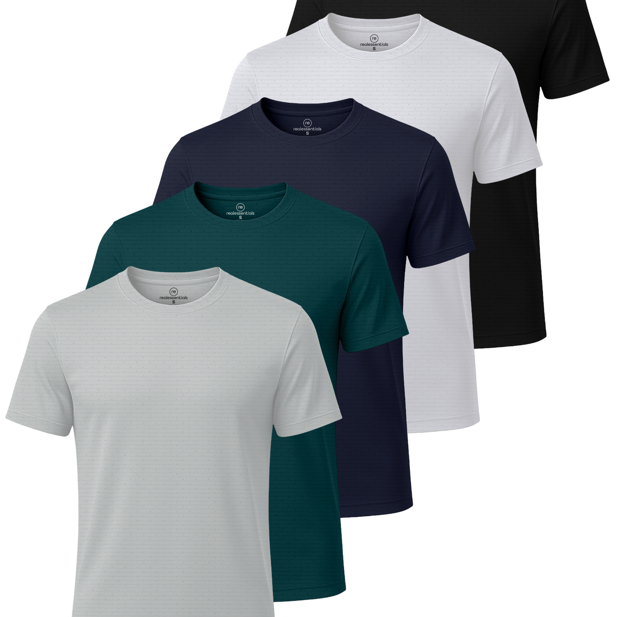 Real Essentials 5 Pack Men's Dry Fit Short Sleeve Crew T Shirts Gym Tees Athletic Workout - Solid Black, Solid Bright White, Navy Blazer, Solid Deep Teal, Solid Dawn Blue