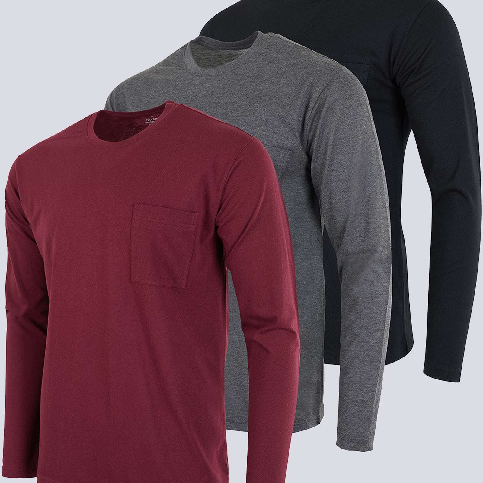 3 Pack: Mens Cotton Long Sleeve Crew Neck Pocket T-Shirt