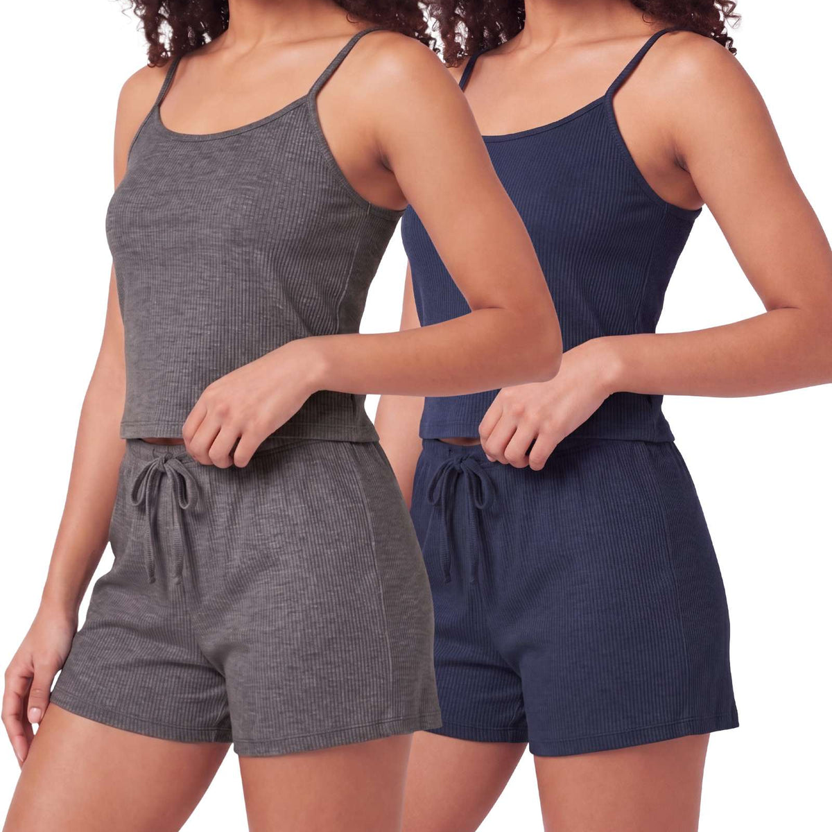 Real Essentials 2 Pack Women's Pajama Sets 2 Piece Ribbed Cropped Cami Shorts Sleepwear PJs - Solid Navy Blazer, Charcoal Heather