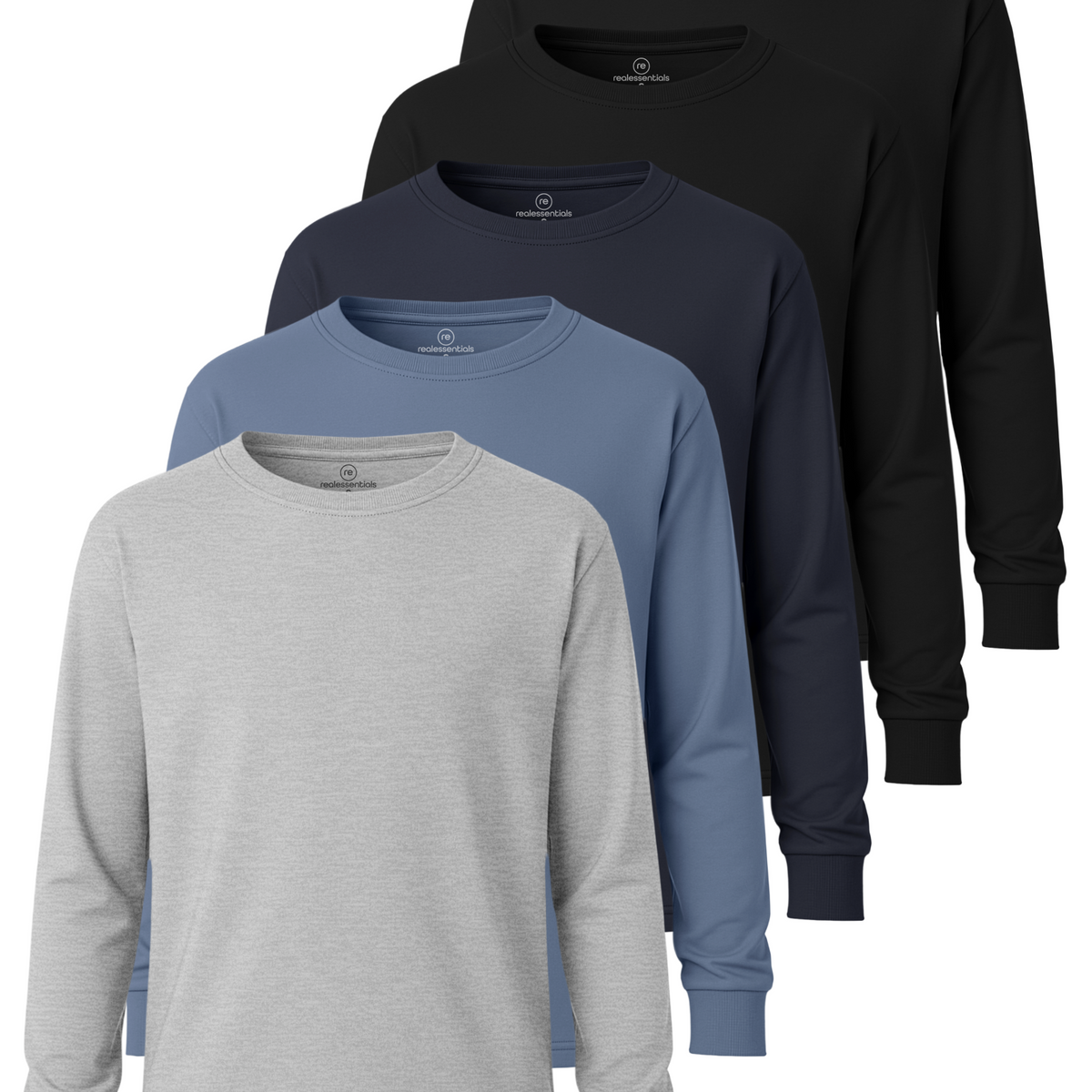 Real Essentials 5 Pack Boys' Cotton Long Sleeve Jersey T Shirts Kids School Youth Tees - Set 8