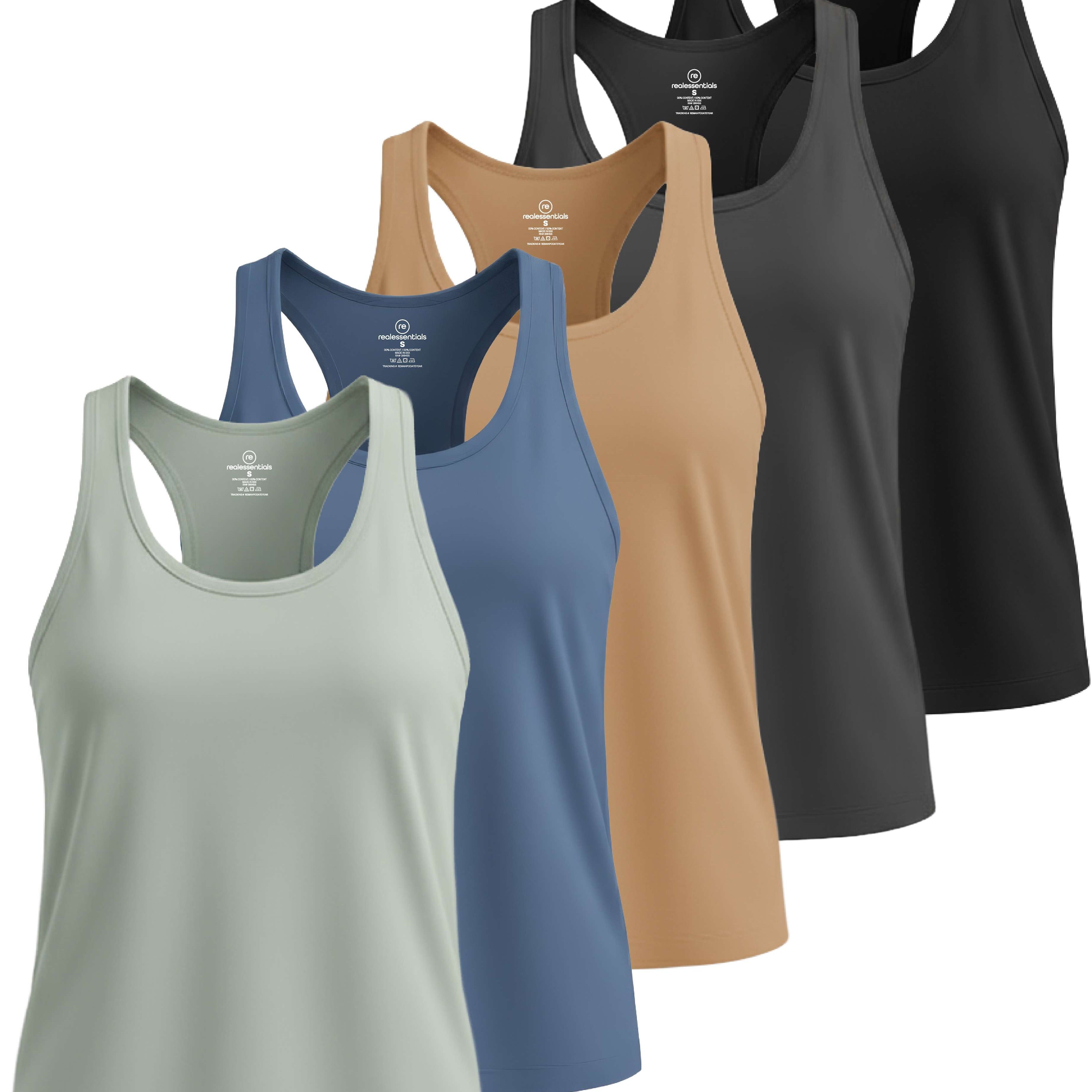 Real Essentials 5 Pack: Women's Dry Fit Tank Top - Racerback Sleeveless Workout Athletic Gym Shirt (Available in Plus)
