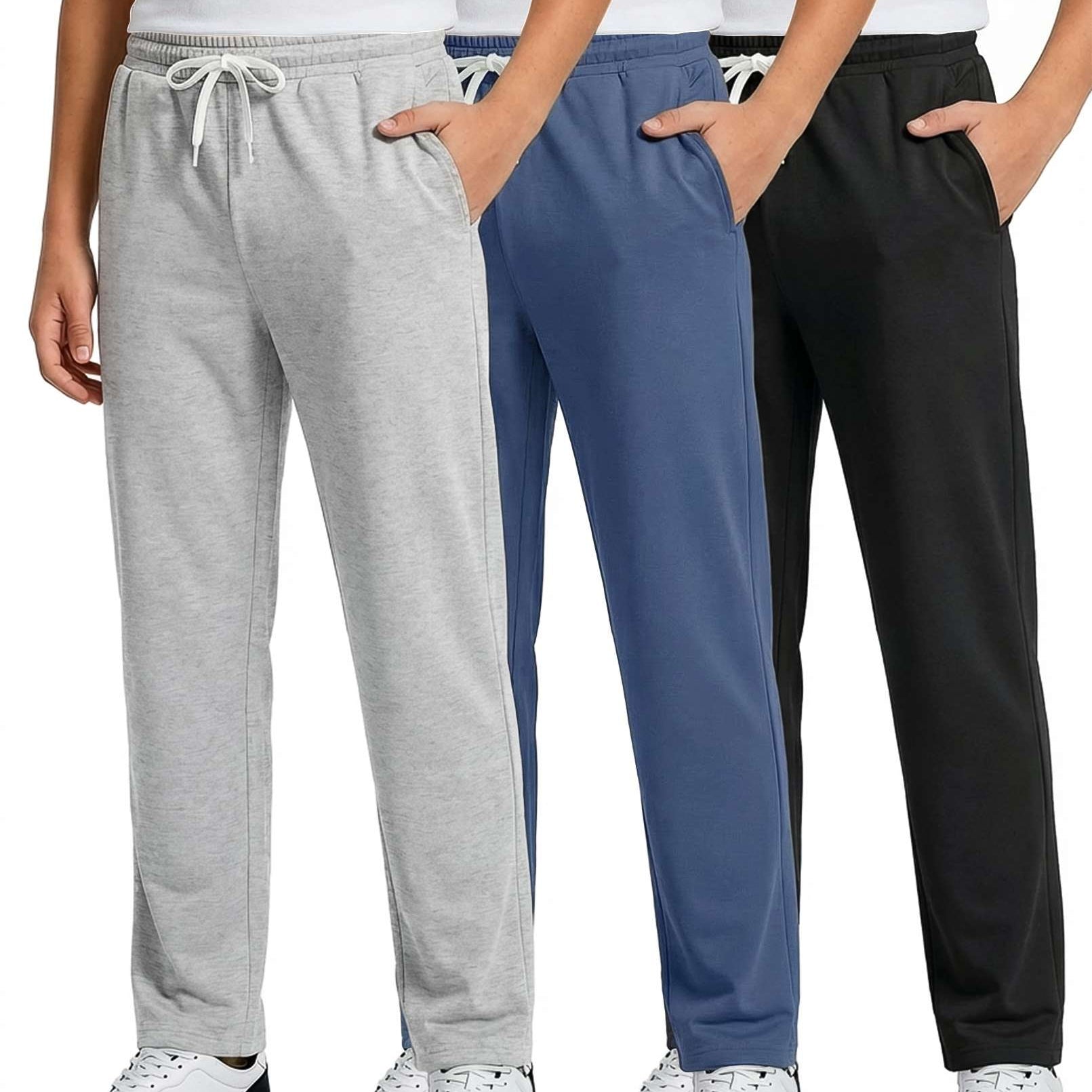 Real Essentials 3 Pack: Boys' French Terry Open Bottom Sweatpants Sweats for School Kids Teens with Pockets (Size 4-18)