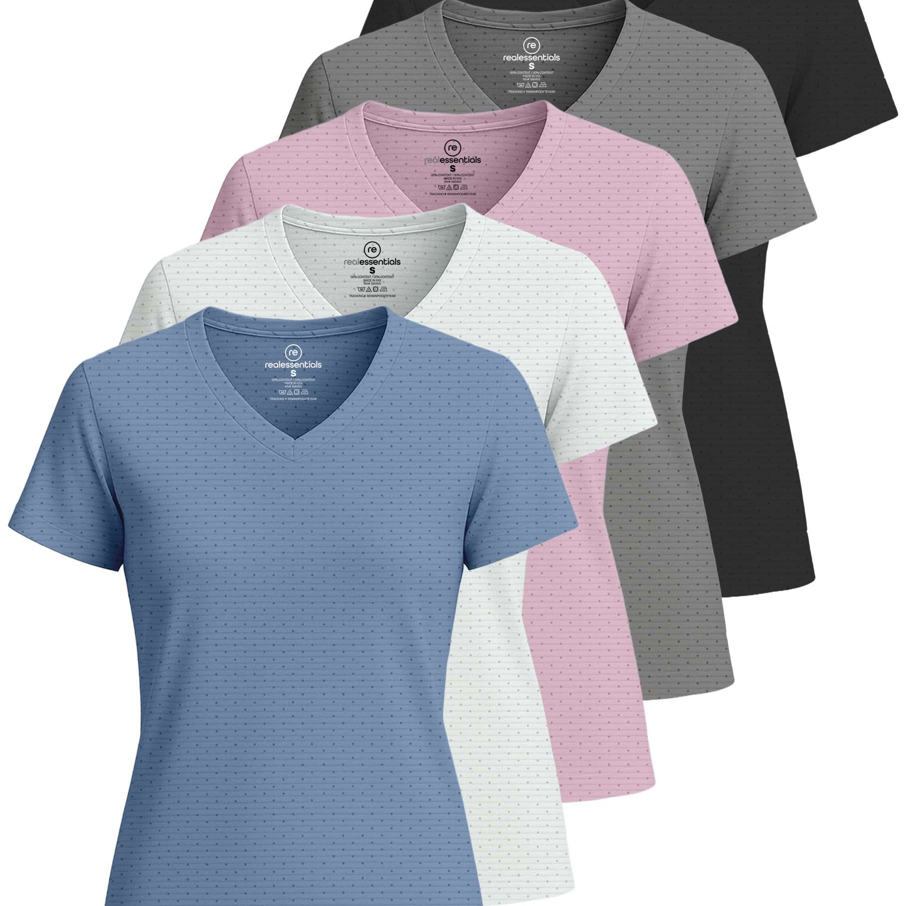 Real Essentials 5 Pack: Women's Short Sleeve Breeze Tech V-Neck T Shirt –Workout Top Wicking Dry Fit Athletic Tee (Plus)