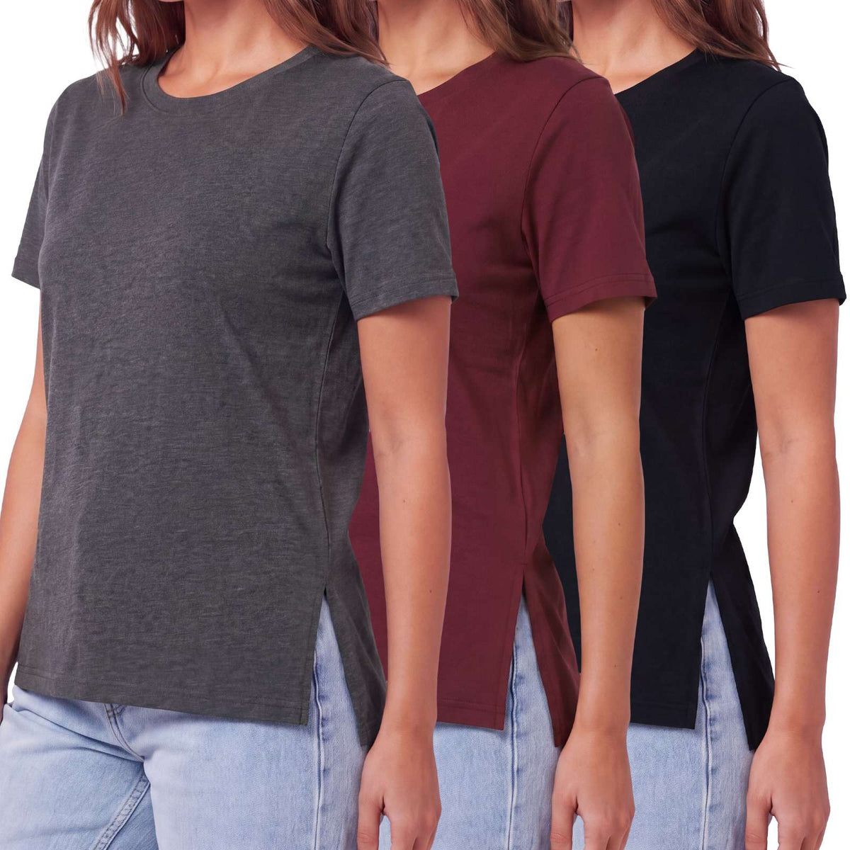 Real Essentials 3 Pack Women's Cotton Tshirts Split Hem Short Sleeve Crew Neck Tees Tops - Solid Black, Solid Burgundy, Charcoal Heather