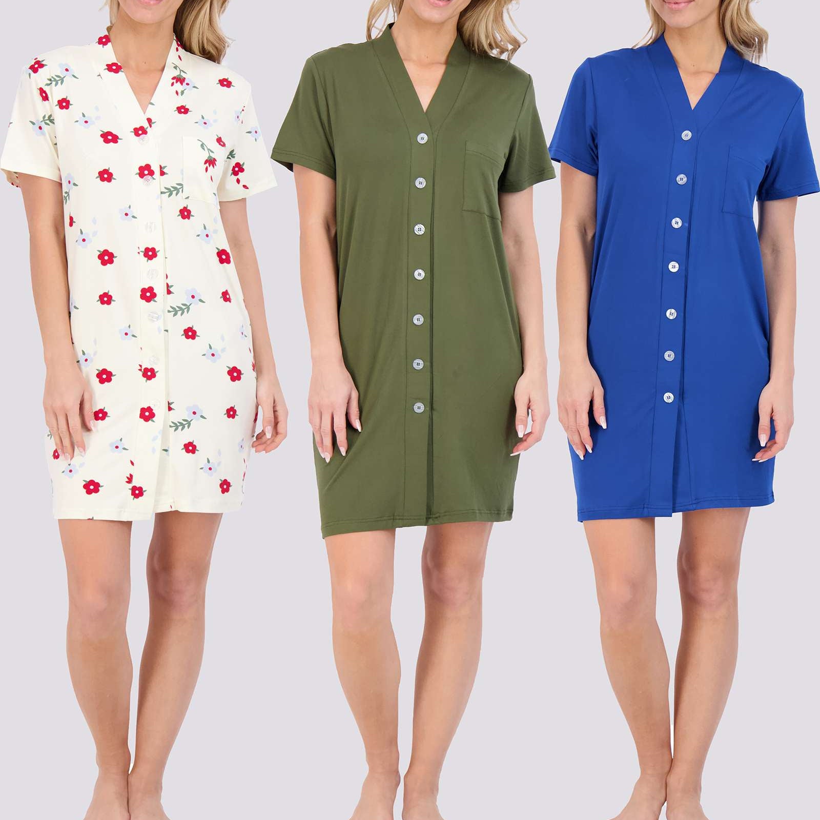 3 Pack: Women's Short Sleeve Button-Down Nightshirt