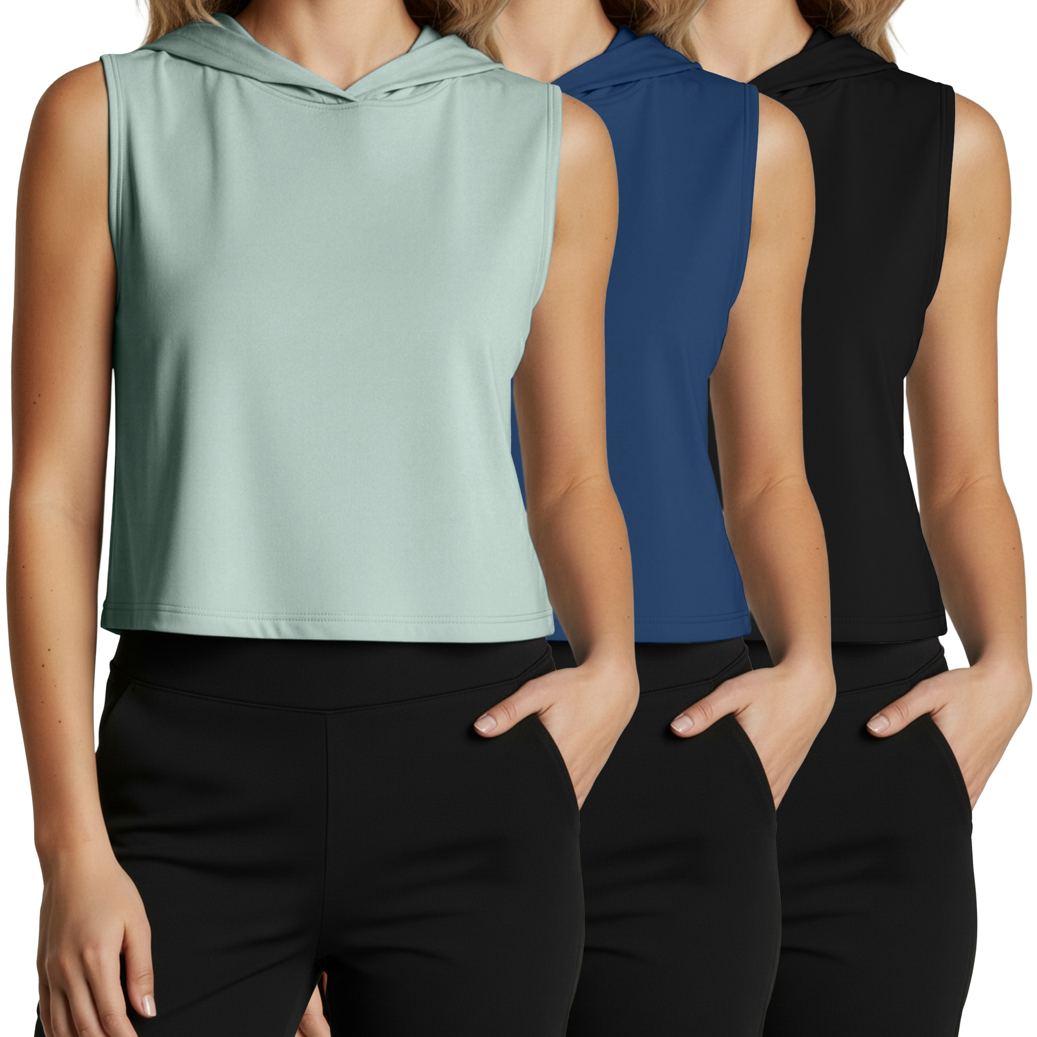 3 Pack: Women's Sleeveless Cropped Tank Top Hoodie