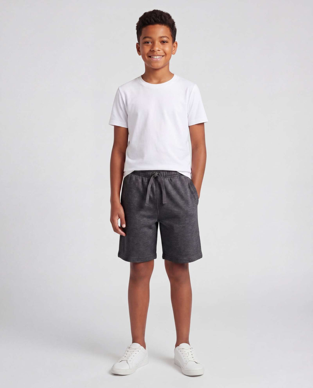 Real Essentials 3 Pack Boys' Fleece Shorts Athletic Gym Kids Teens Pajama Sleep Pockets - Solid Black, Charcoal Heather, Solid Elemental Blue
