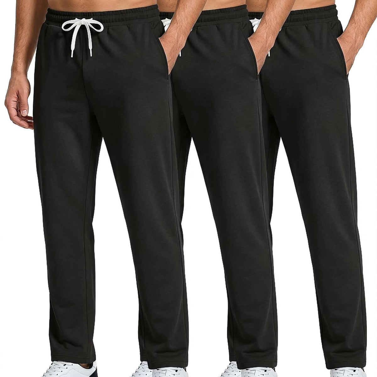 Real Essentials 3 Pack: Men's French Terry Open Bottom Sweatpants - Casual Lounge Comfort Gym with Pockets