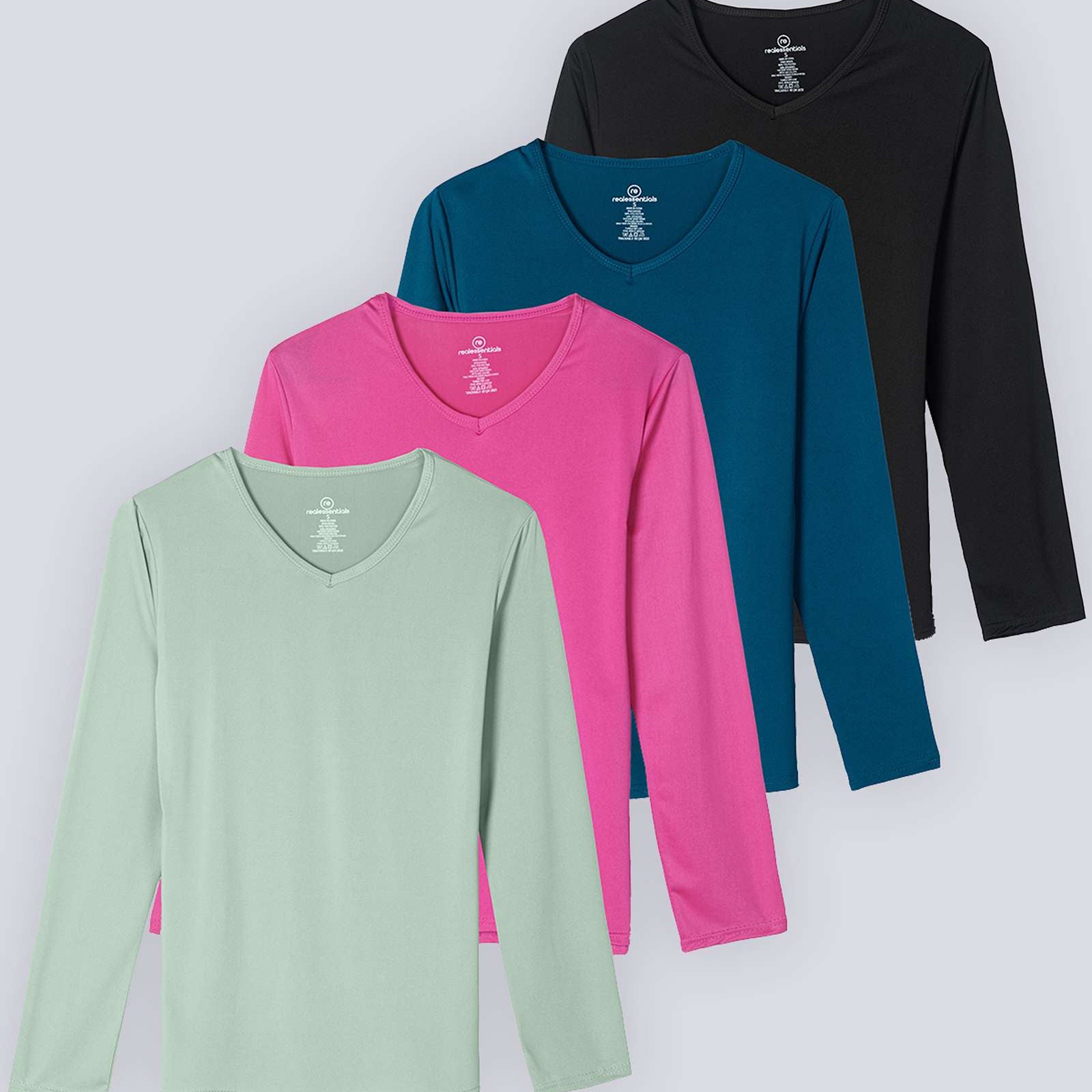 4 Pack: Women's Dry-Fit Long-Sleeve V-Neck Athletic Workout Shirt (Available in Plus Size)