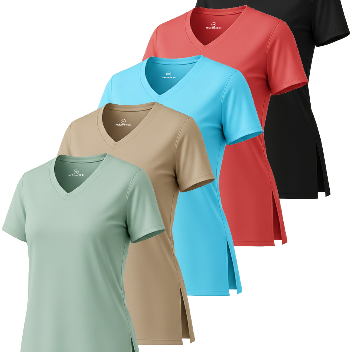 Real Essentials 5 Pack: Women's Short Sleeve Split Hem V-Neck T-Shirts, Athletic Tops, Gym, Workout, Yoga, Activewear (Plus)