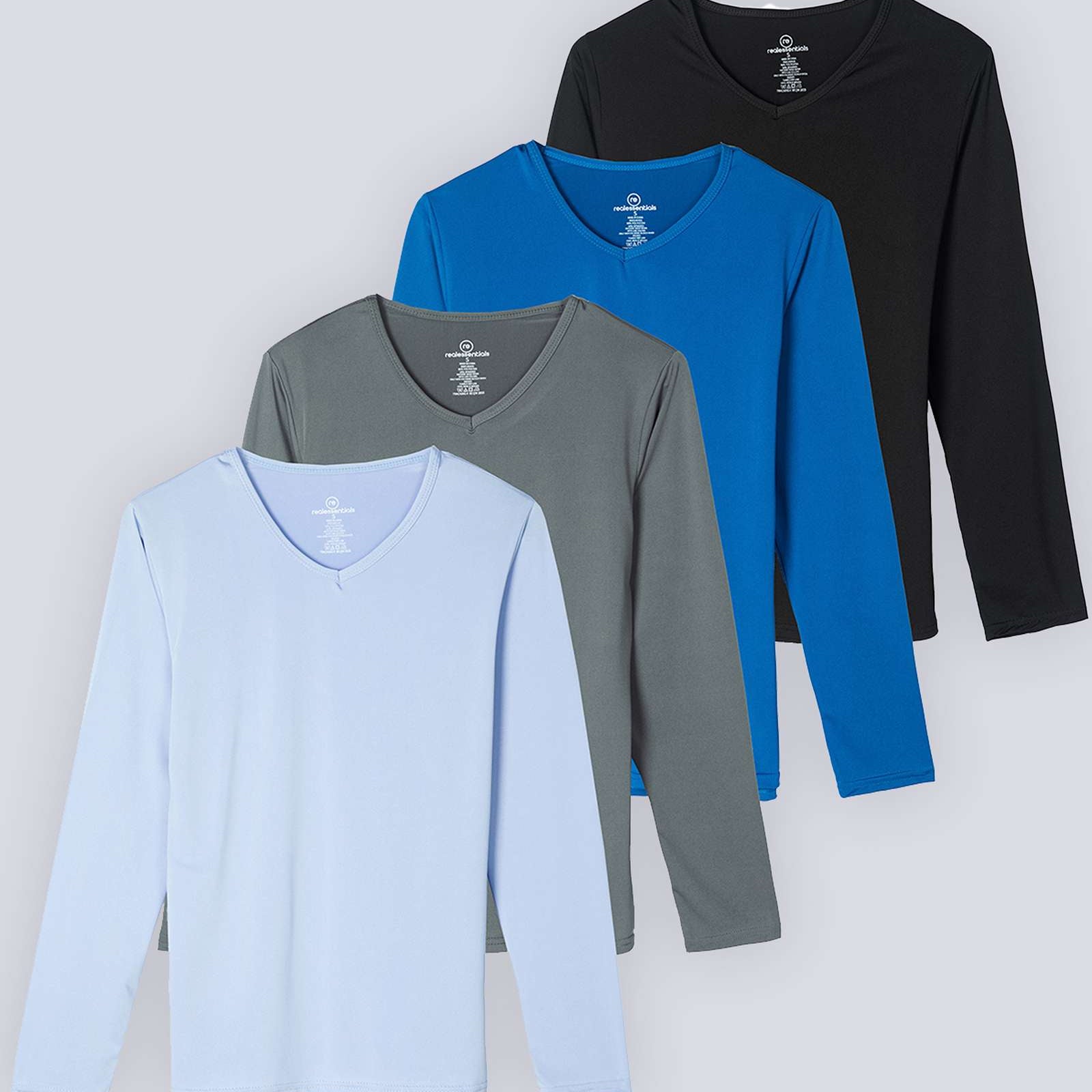 4 Pack: Women's Dry-Fit Long-Sleeve V-Neck Athletic Workout Shirt (Available in Plus Size)
