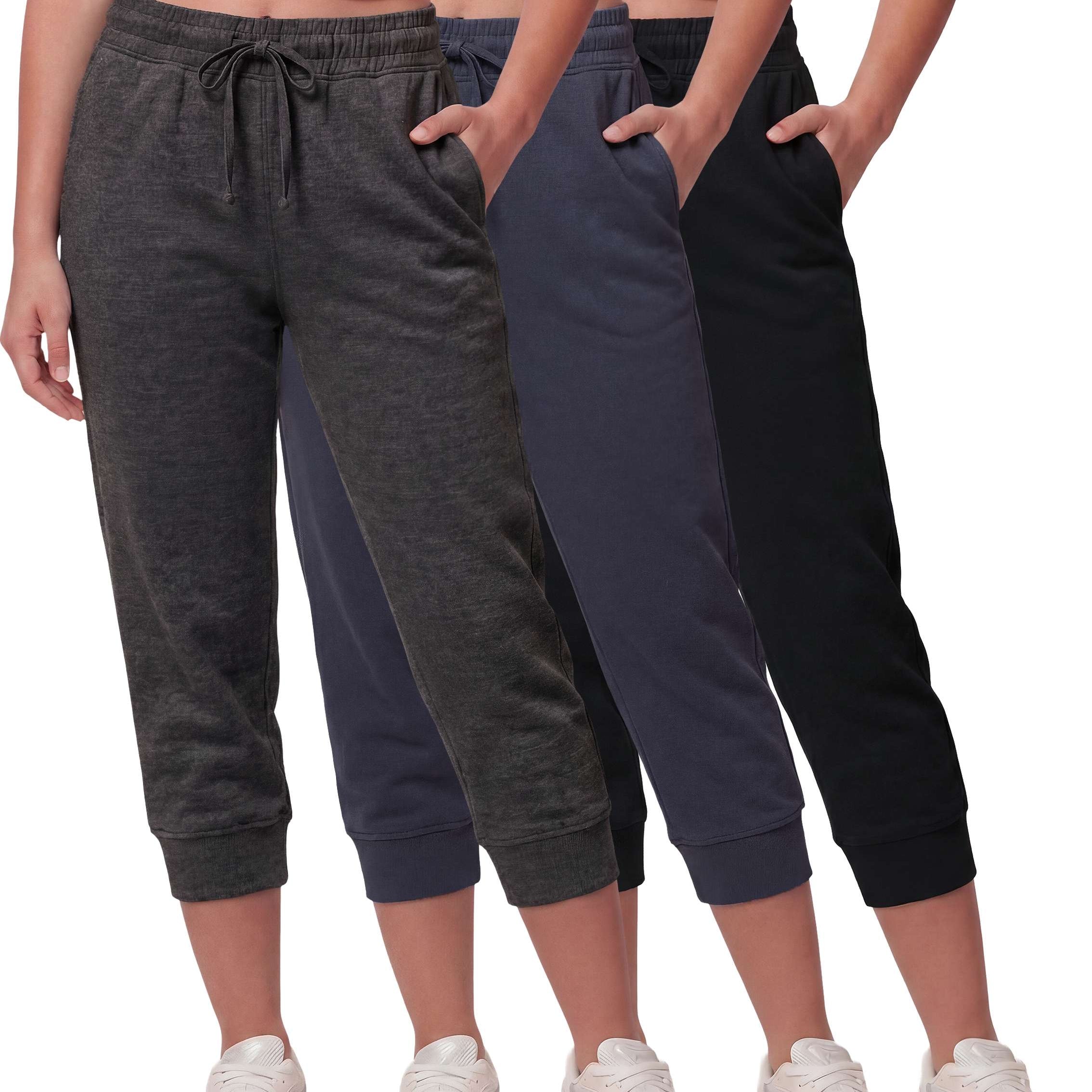 Real Essentials 3 Pack: Women’s Fleece Capri Joggers Athletic Lounge Gym Running Sweatpants with Pockets