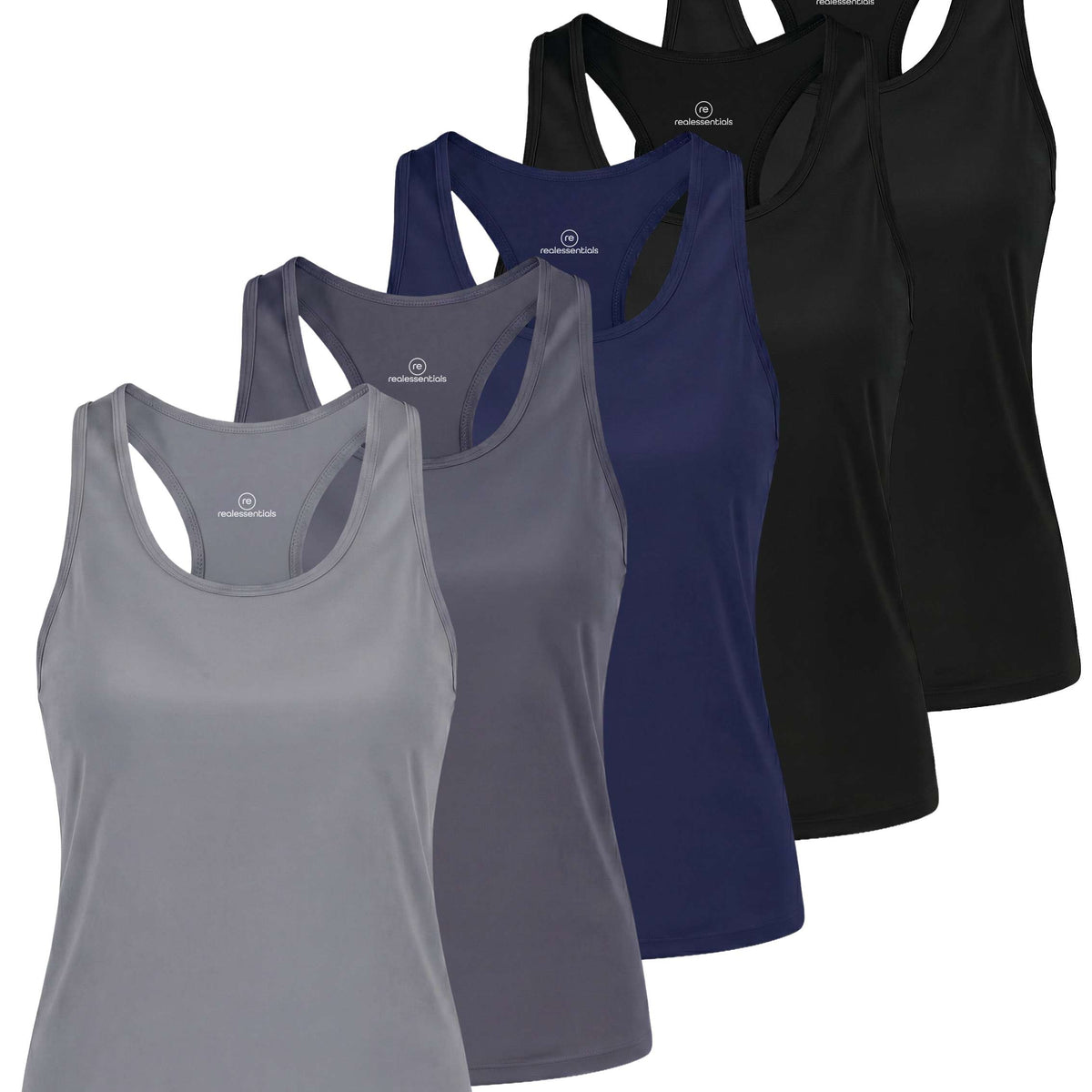 Real Essentials 5 Pack Women's Racerback Crop Tank Tops Dry Fit Workout Athletic Gym Yoga - Solid Black, Solid Black, Solid Navy Blazer, Solid Quiet Shade, Solid Ultimate Grey