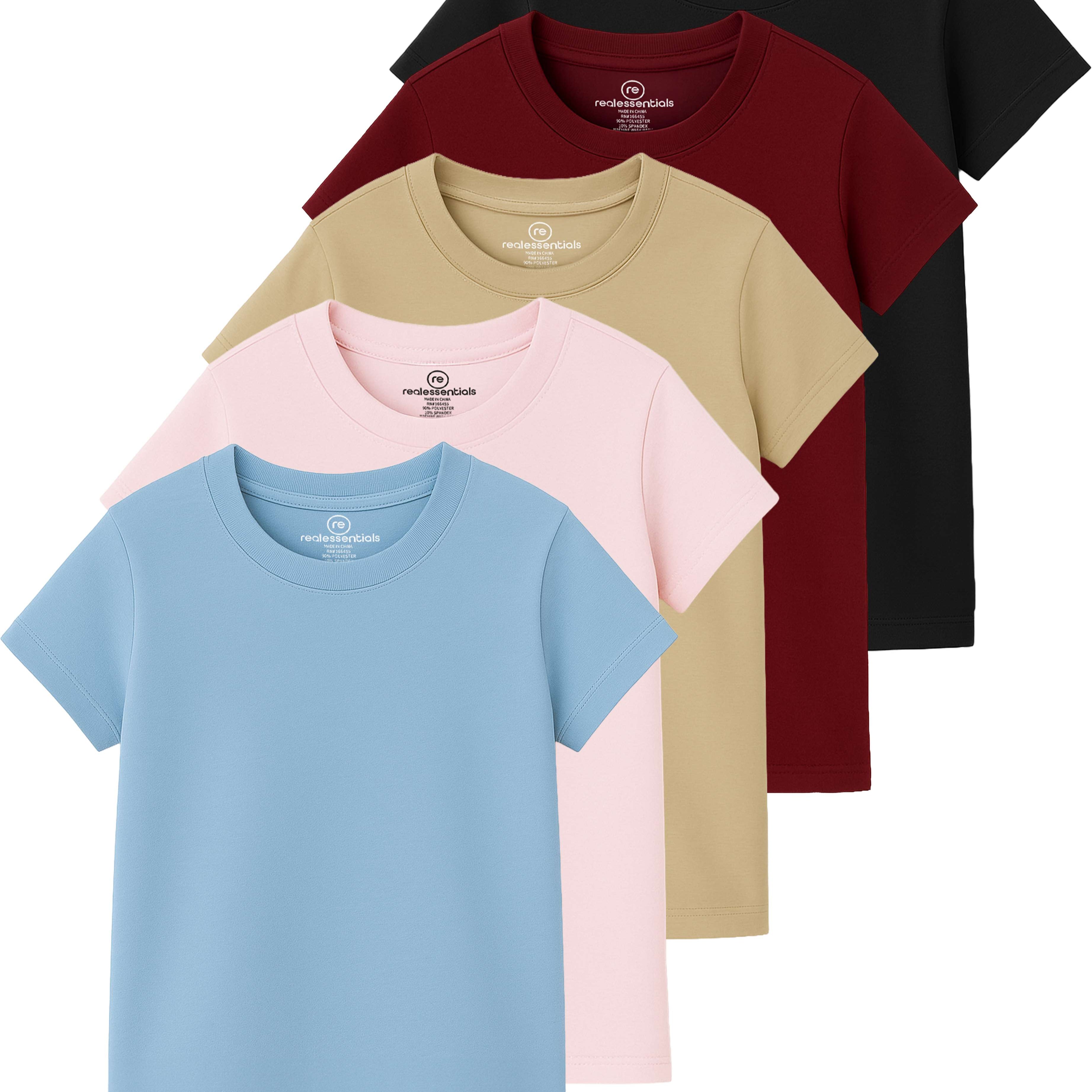 Real Essentials 5 Pack: Girls' Cotton Short Sleeve Crew Neck T-Shirt - Athletic Tee Shirt for Teens Kids Youth (Ages 4-16)