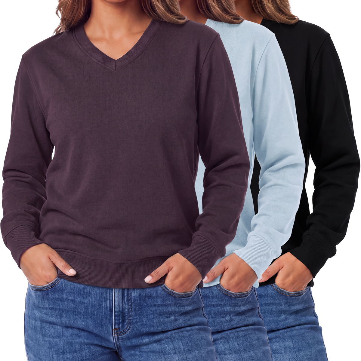 Real Essentials 3 Pack Womens Fleece V Neck Sweatshirt Pullover Sweaters Long Sleeve Top - Solid Black, Solid Plum Perfect, Solid Ballad Blue