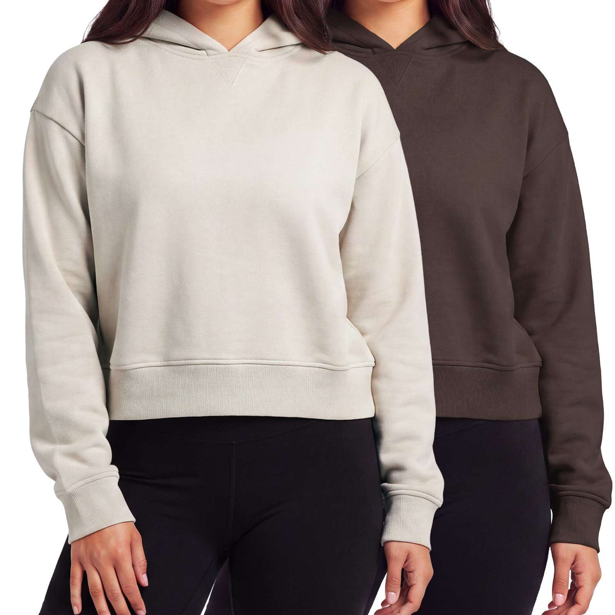 Real Essentials 2 Pack Women's Cropped Hoodies Crop Sweatshirt Ladies Fleece Pullover Top - Solid Chocolate Torte, Solid Moonbeam