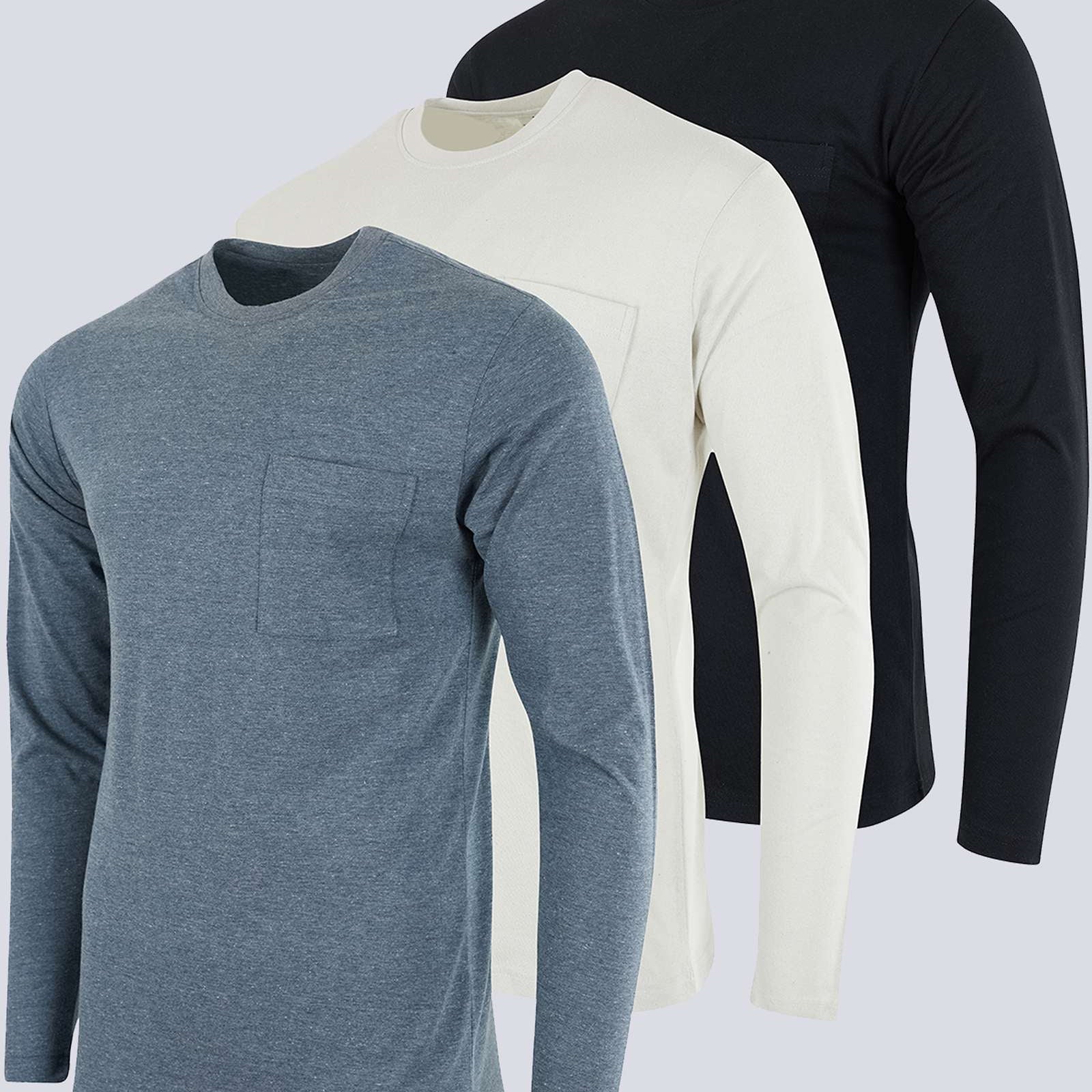 3 Pack: Mens Cotton Long Sleeve Crew Neck Pocket T-Shirt