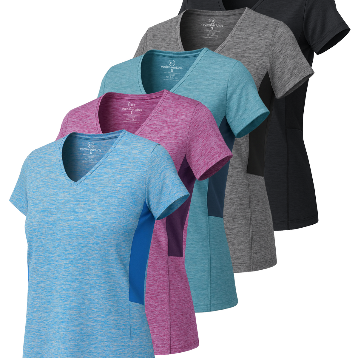 Real Essentials 5 Pack Womens Dry Fit V Neck Workout Tops Athletic T Shirts Gym Yoga Tees - Set 4
