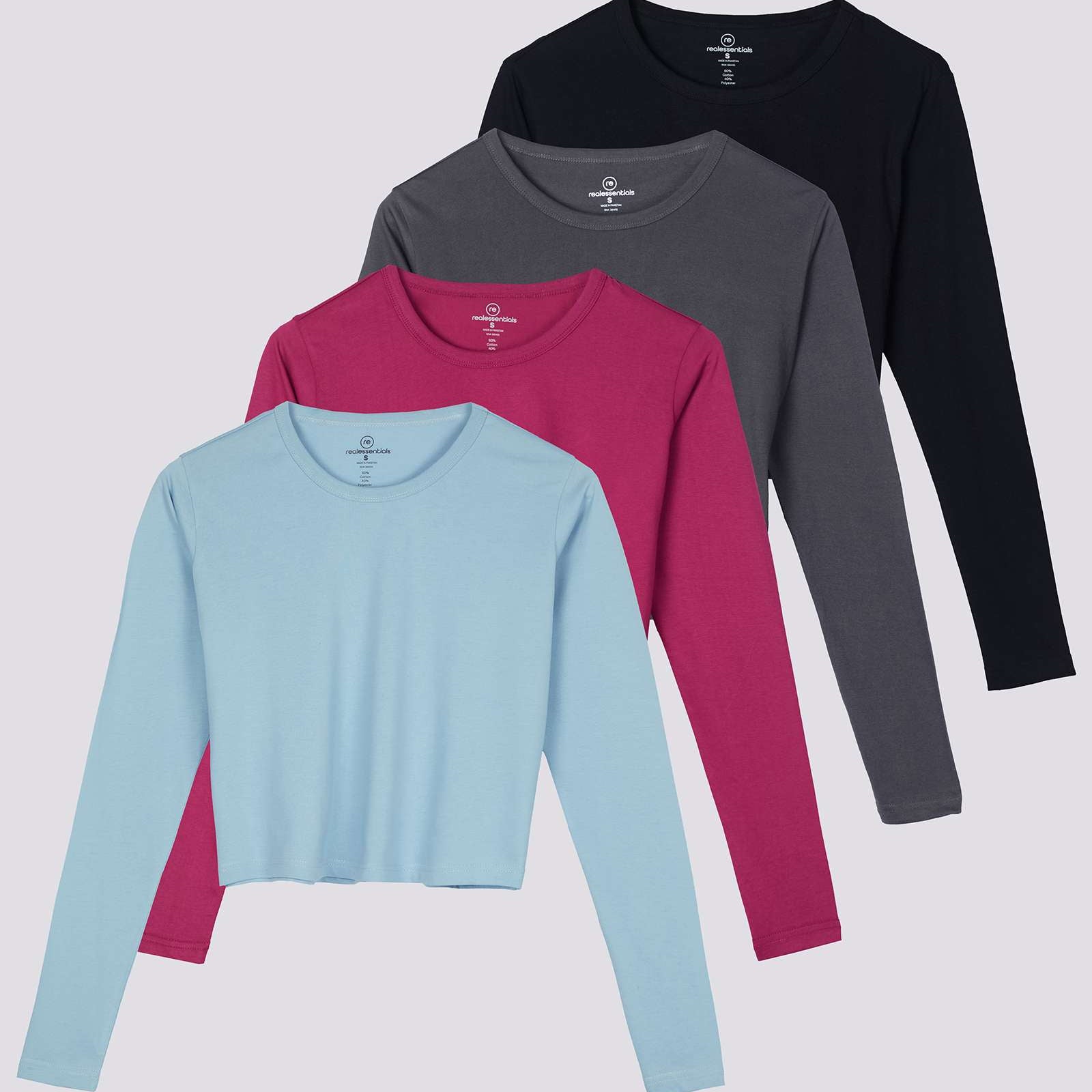 4 Pack: Women's Long Sleeve Crew Crop Top ( Available in Plus Size)