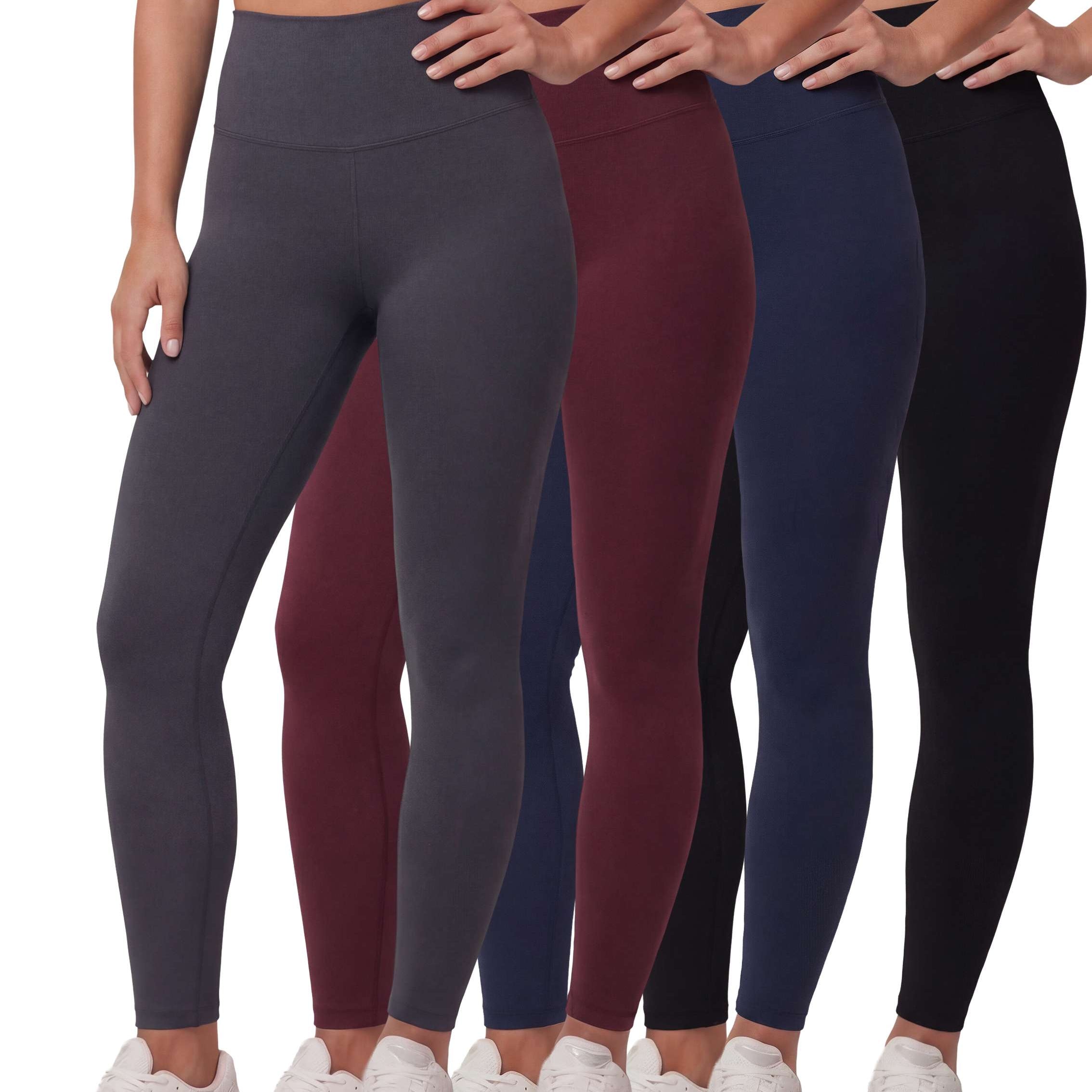 Real Essentials 4 Pack: Women's Workout Athletic Leggings Yoga Pants Tummy Control High Waisted Running Gym Pilates Soft