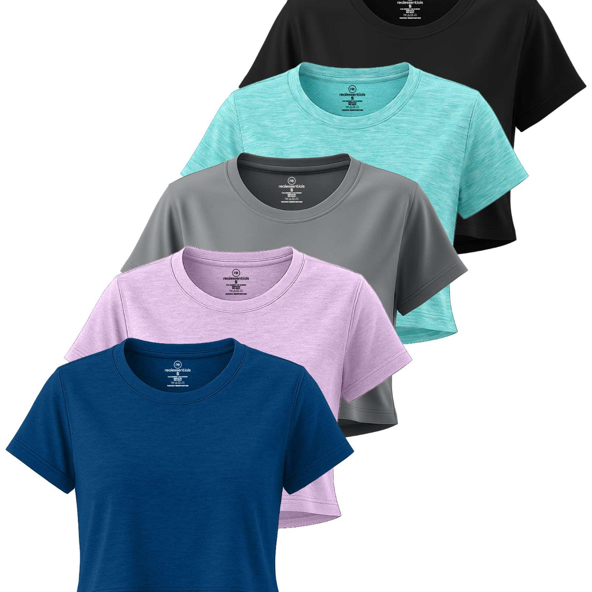 Real Essentials 5 Pack Women's Dry Fit Crop Top Workout T Shirts Short Sleeve Athletic Gym - Set 7