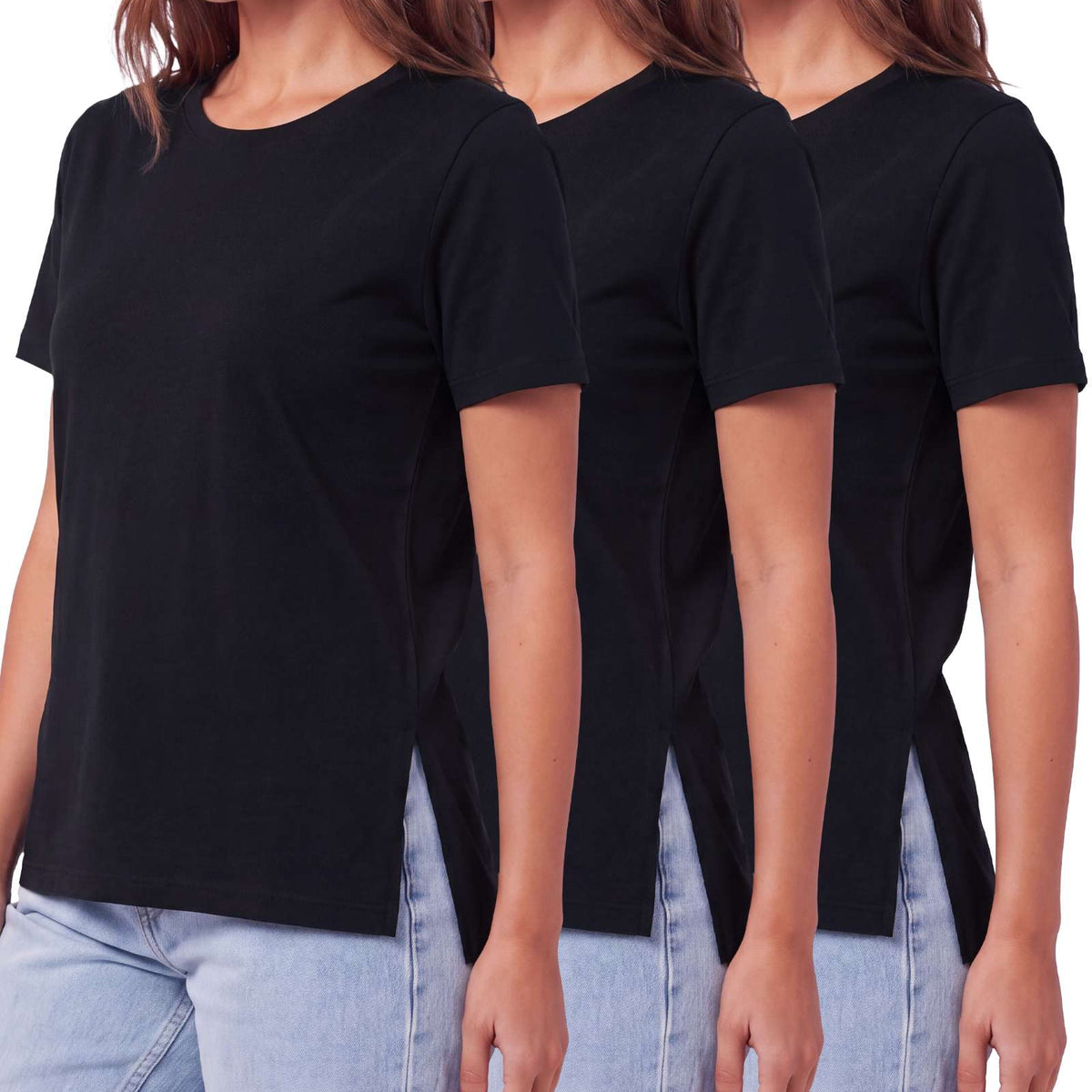 Real Essentials 3 Pack Women's Cotton Tshirts Split Hem Short Sleeve Crew Neck Tees Tops - Solid Black, Solid Black, Solid Black