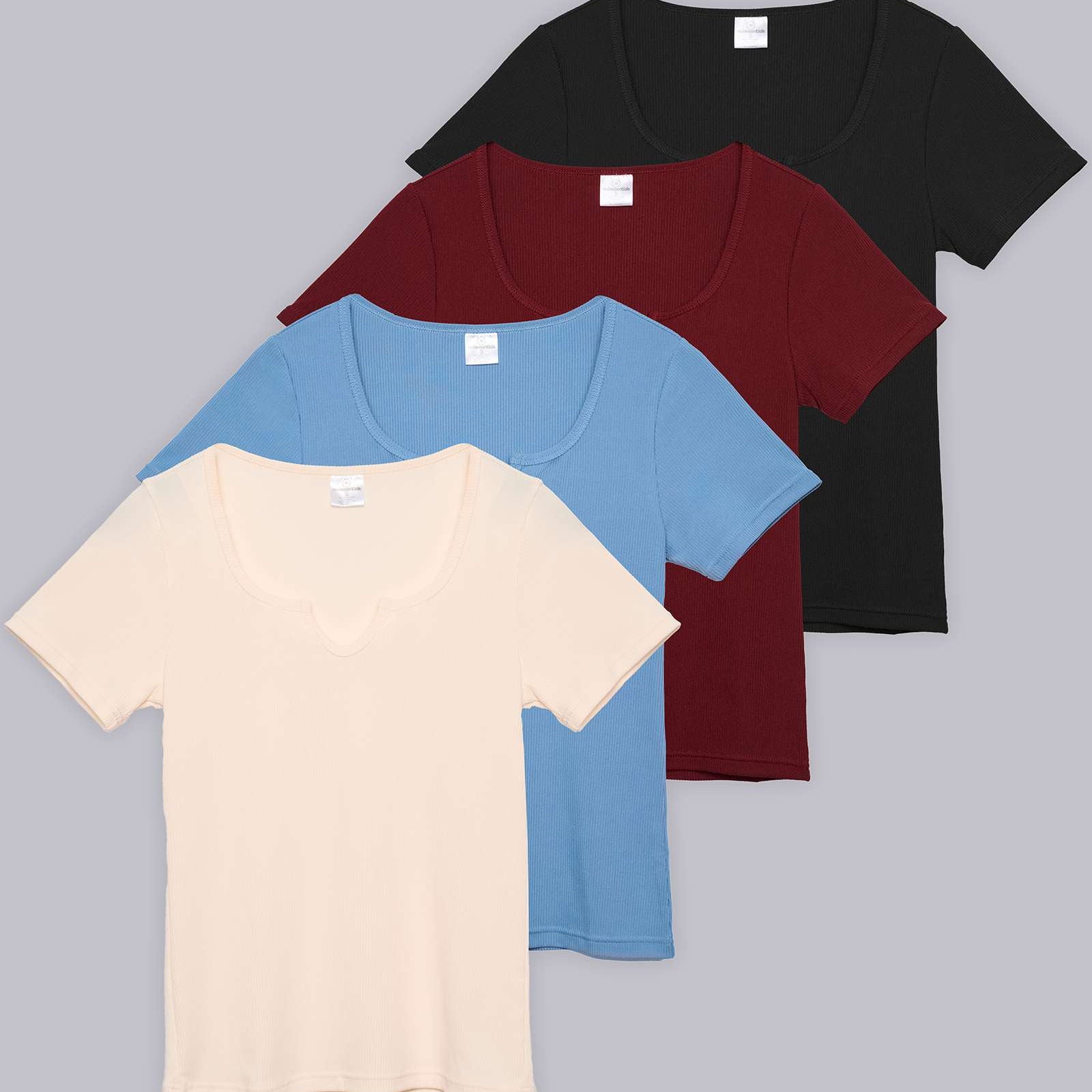 4 Pack: Women's Soft Ribbed Knit Split Neck T-Shirt