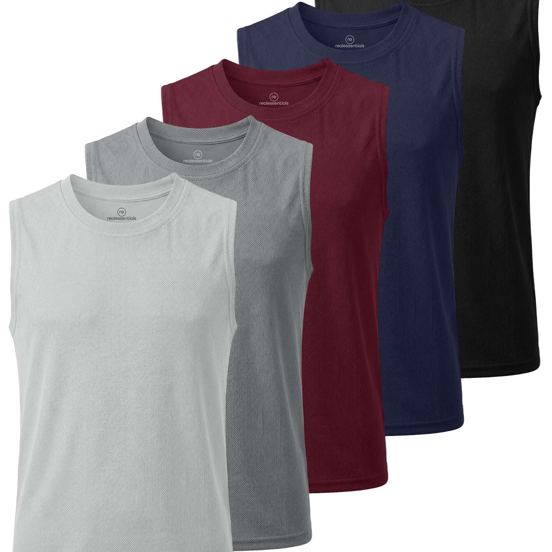 Real Essentials 5 Pack: Boys Mesh Active Tank Tops Athletic Workout Sleeveless Muscle Basketball Sports Dry Fit Teen