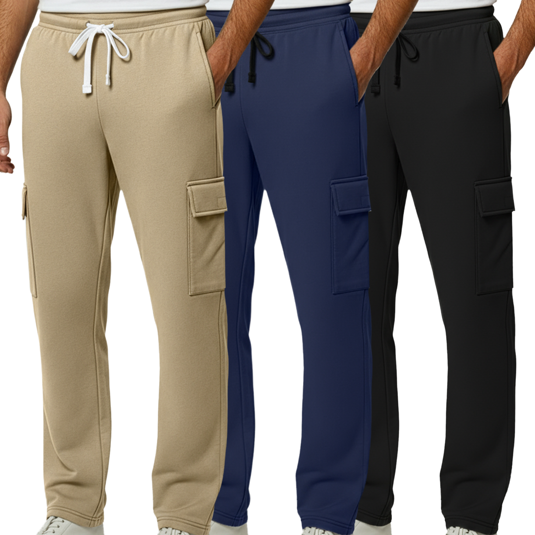3 Pack: Mens Fleece Cargo Open Bottom Sweatpants