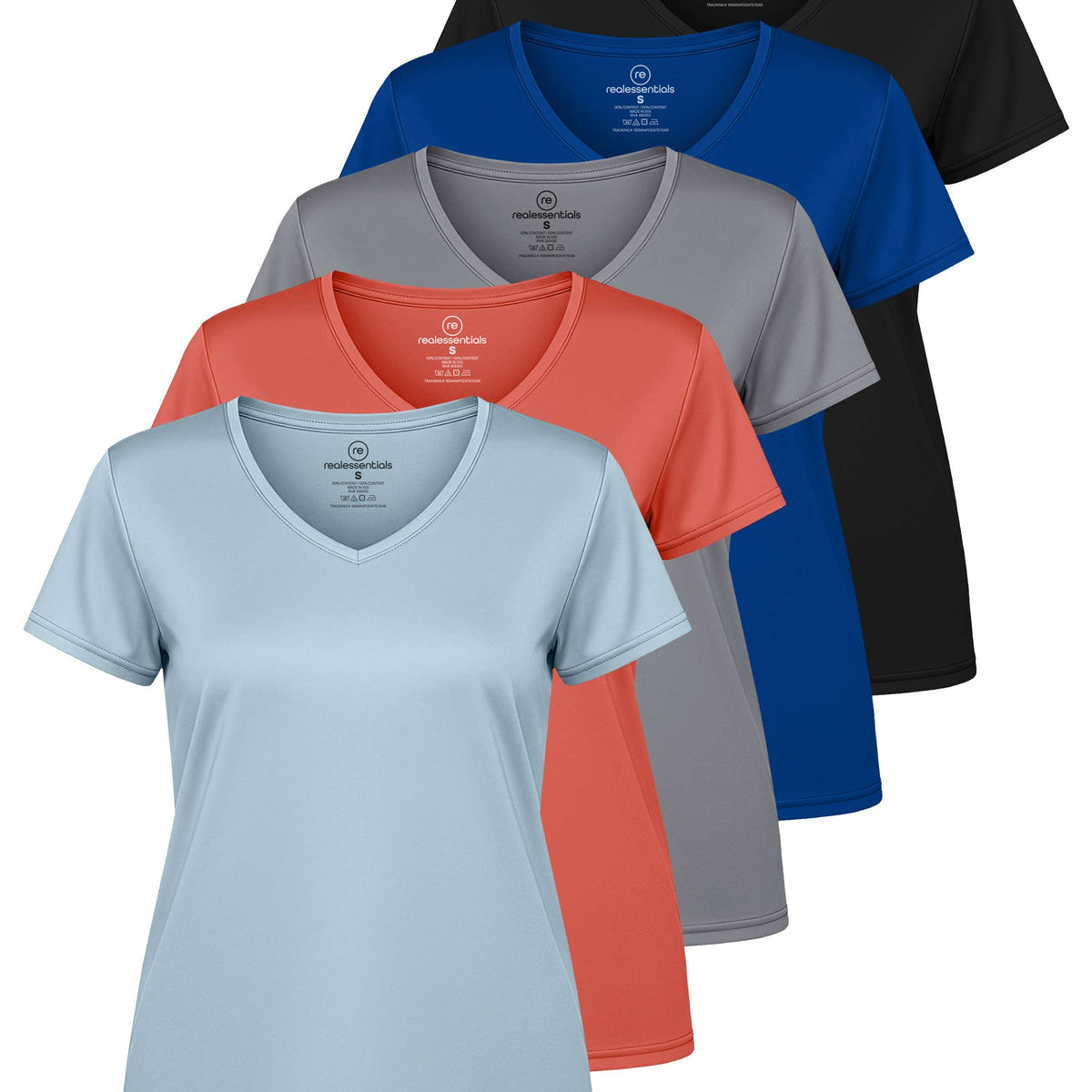 Real Essentials 5 Pack Womens Dry Fit V Neck Workout Tops Athletic T Shirts Gym Yoga Tees - Set 10