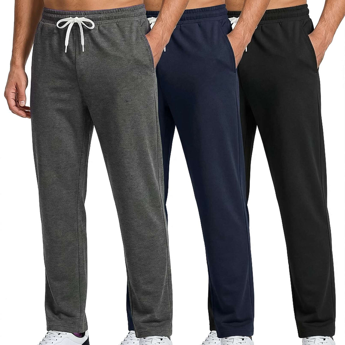 Real Essentials 3 Pack: Men's French Terry Open Bottom Sweatpants - Casual Lounge Comfort Gym with Pockets