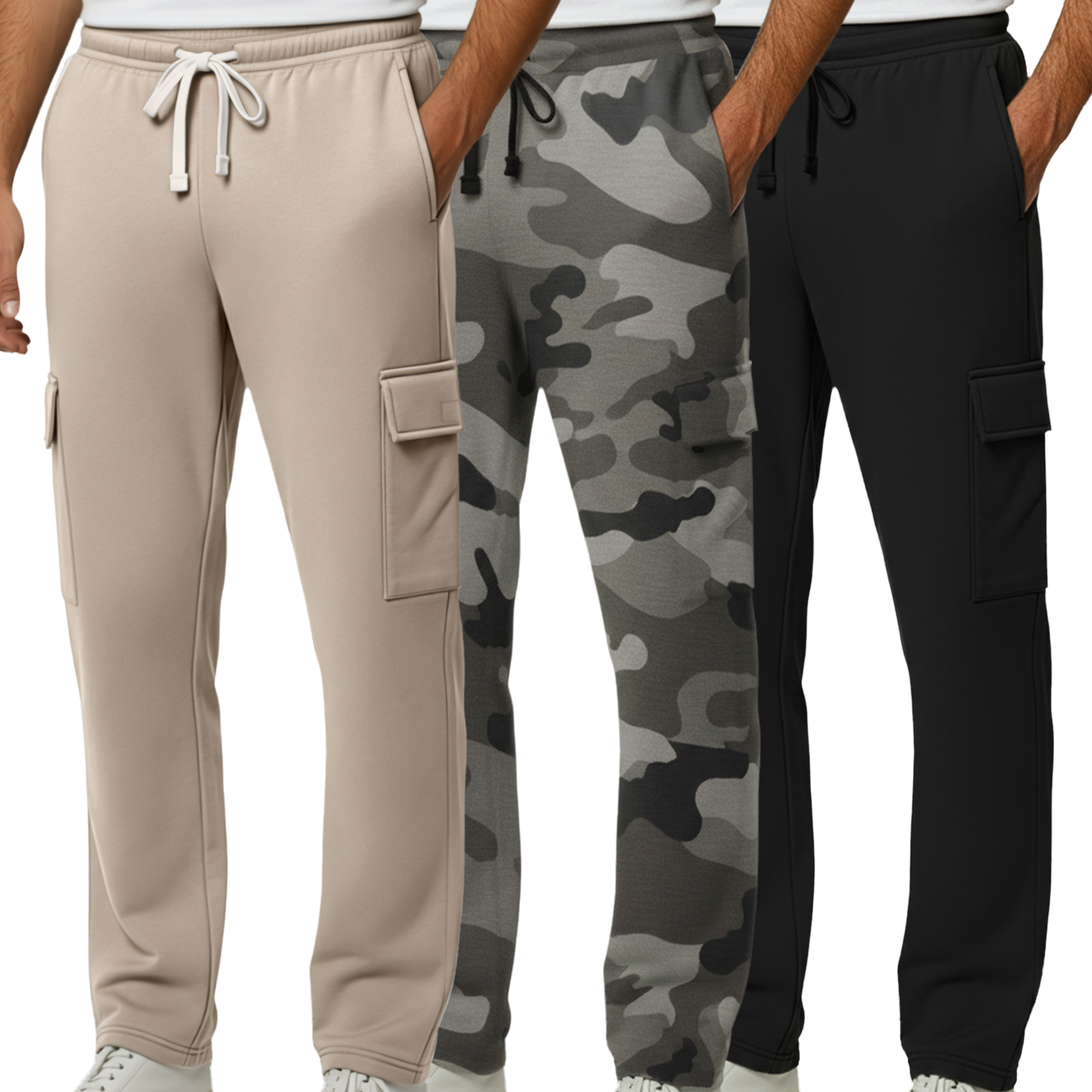 3 Pack: Mens Fleece Cargo Open Bottom Sweatpants