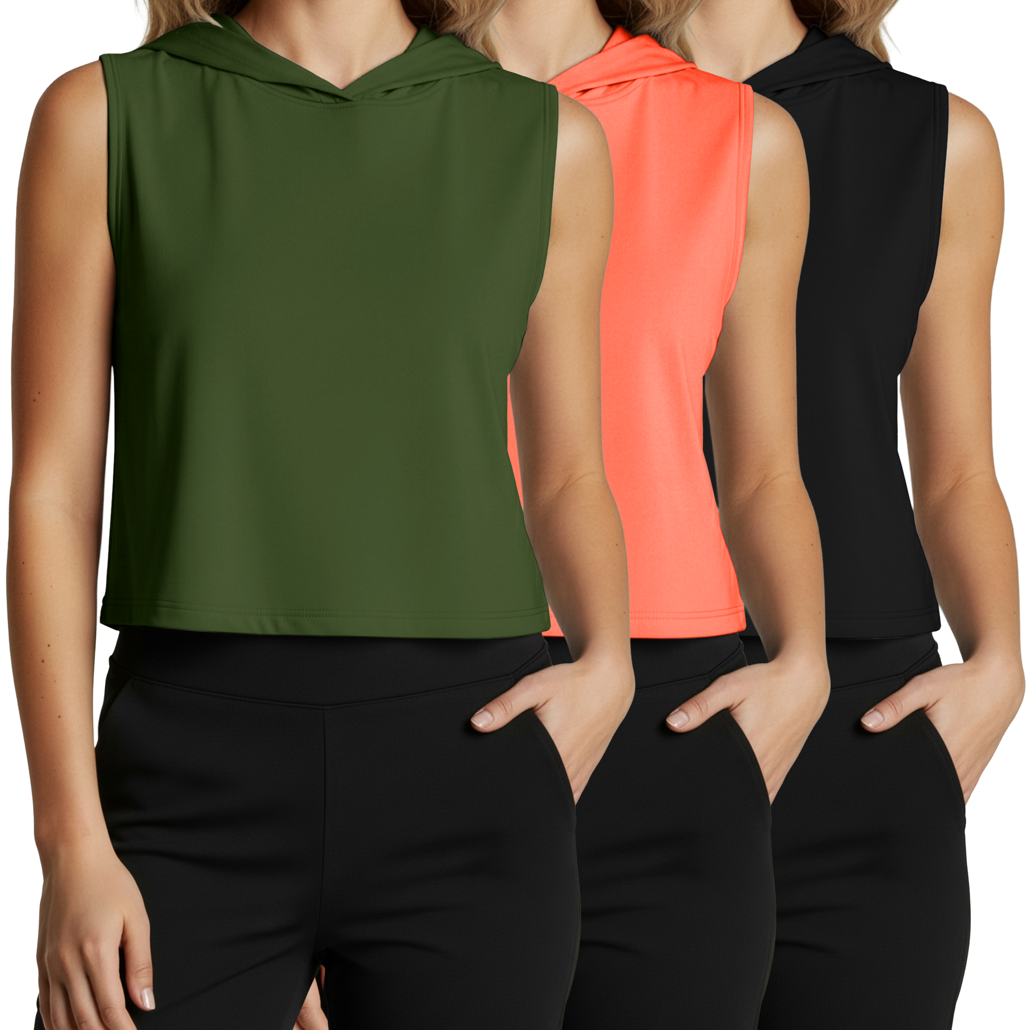 3 Pack: Women's Sleeveless Cropped Tank Top Hoodie