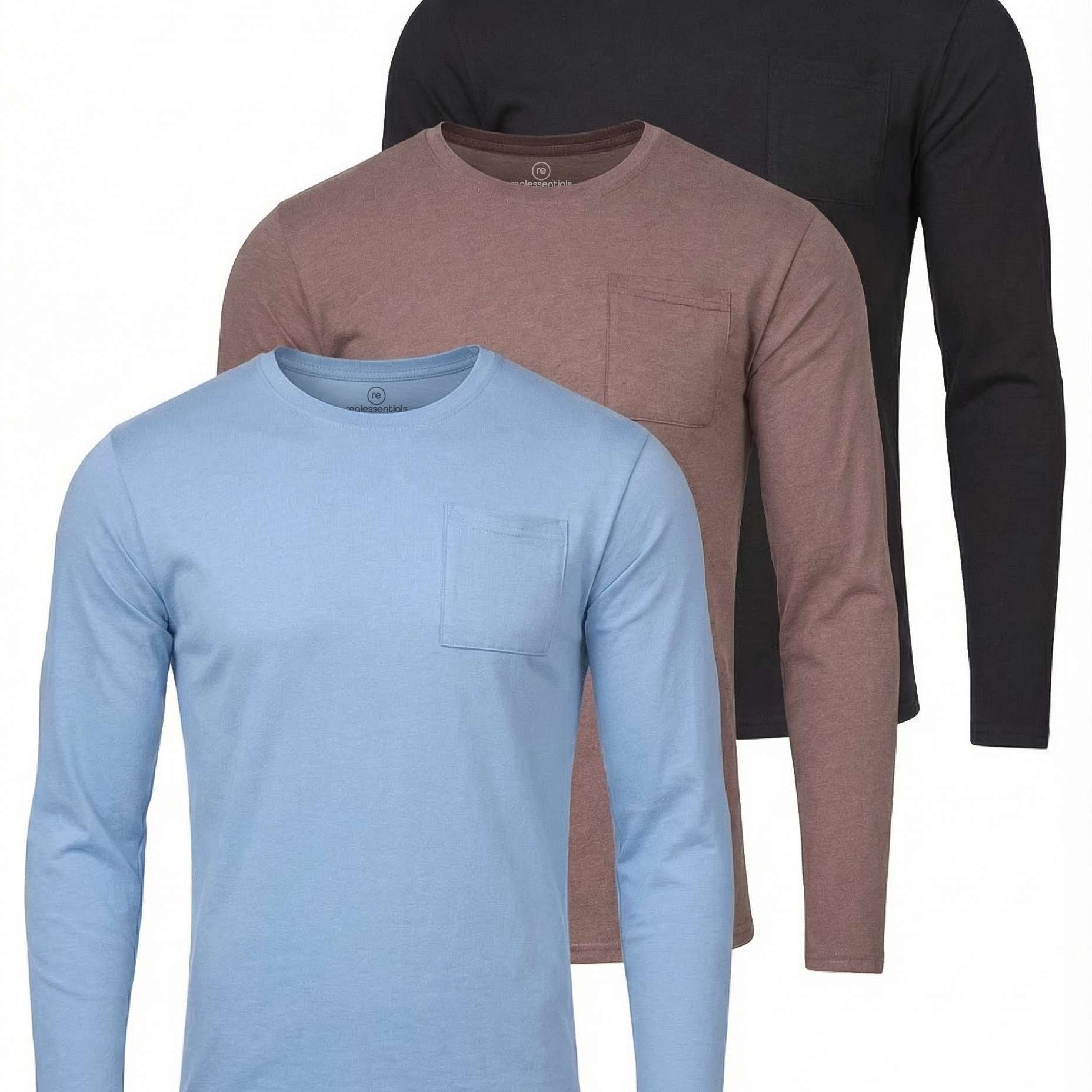 3 Pack: Mens Cotton Long Sleeve Crew Neck Pocket T-Shirt