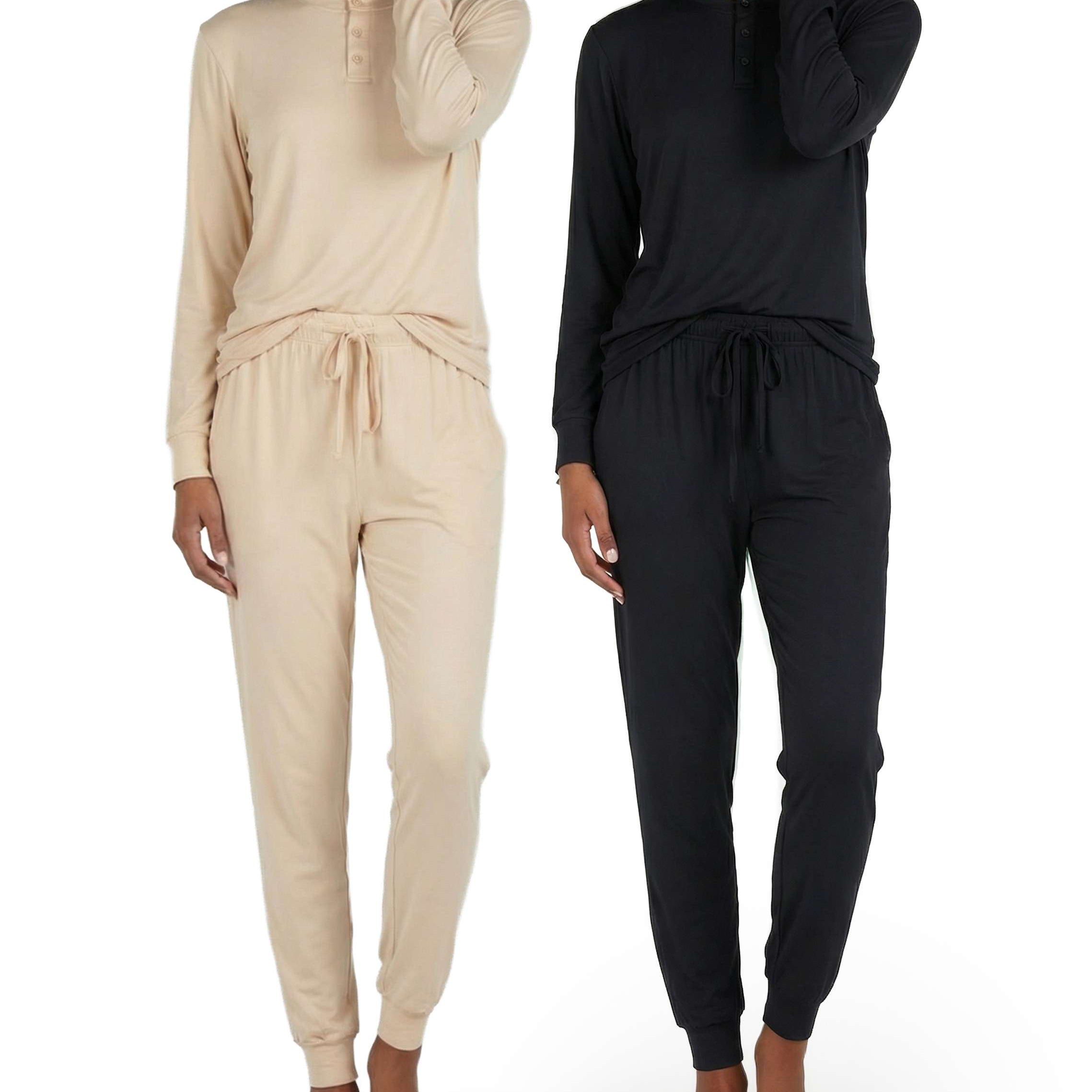 4 Piece: Womens Long Sleeve Henley & Jogger Lounge Pajama Set