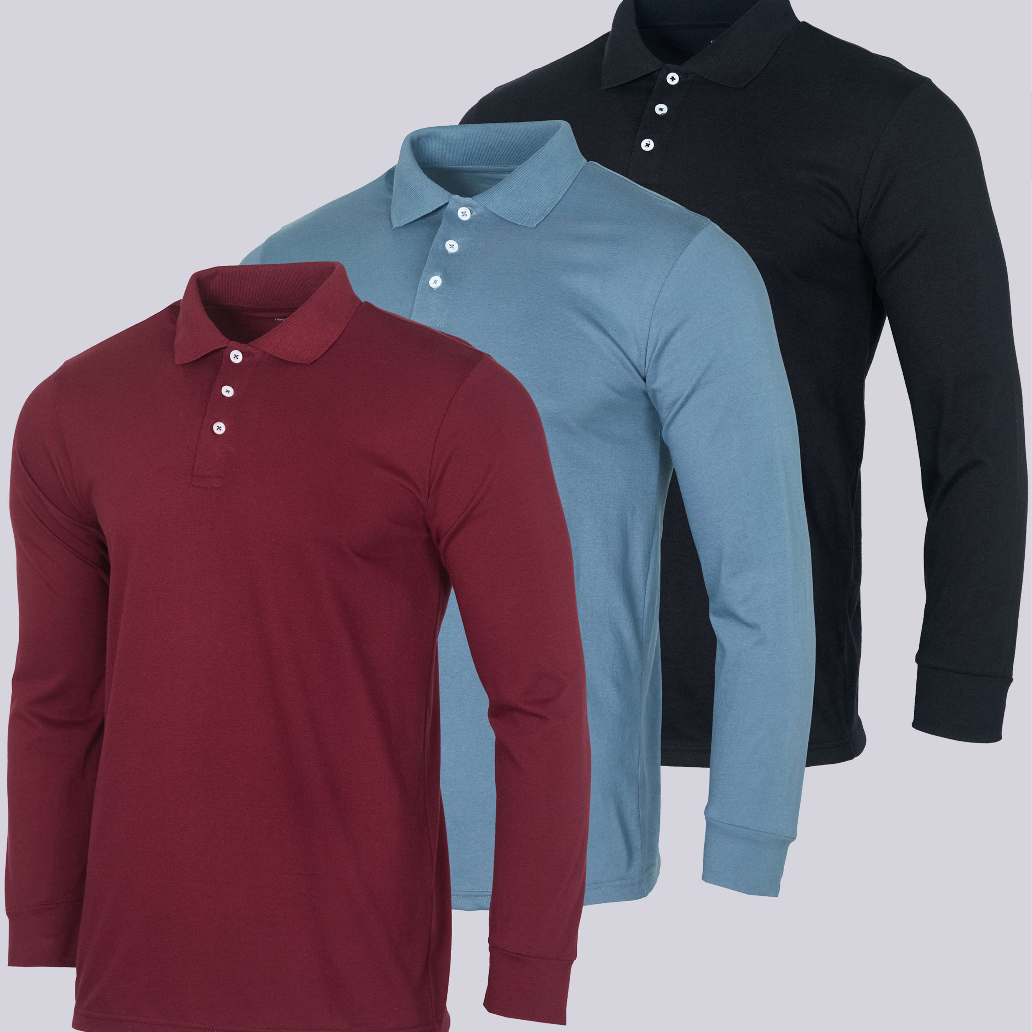 3 Pack: Men's Cotton Jersey Long-Sleeve Polo Shirt (Available in Big & Tall)