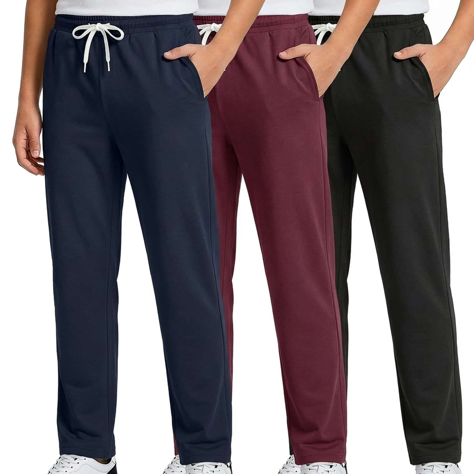 Real Essentials 3 Pack: Boys' French Terry Open Bottom Sweatpants Sweats for School Kids Teens with Pockets (Size 4-18)