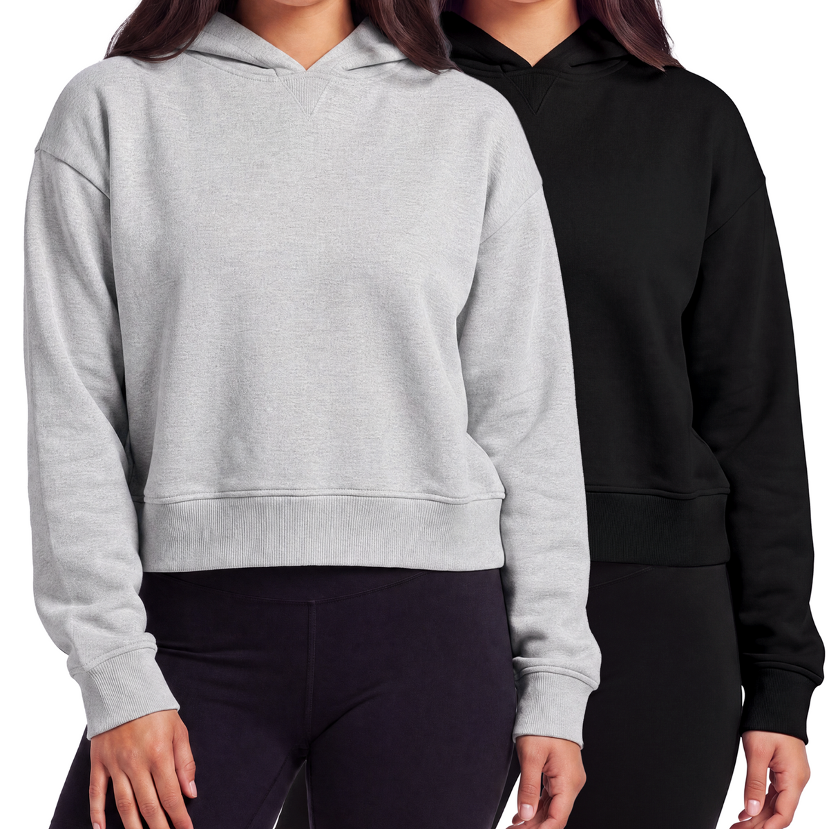 Real Essentials 2 Pack Women's Cropped Hoodies Crop Sweatshirt Ladies Fleece Pullover Top - Solid Black, Grey Heather