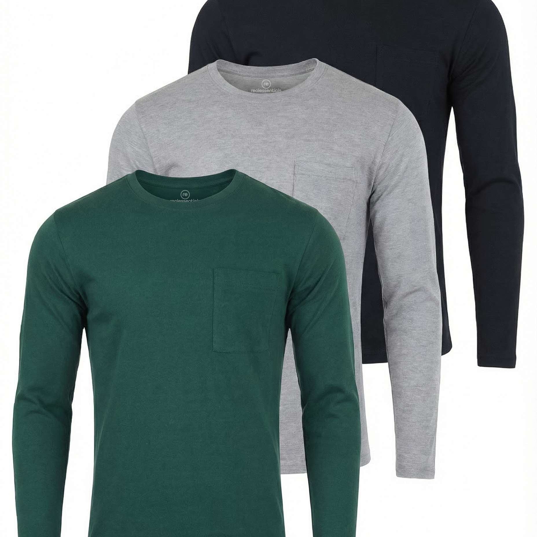 3 Pack: Mens Cotton Long Sleeve Crew Neck Pocket T-Shirt