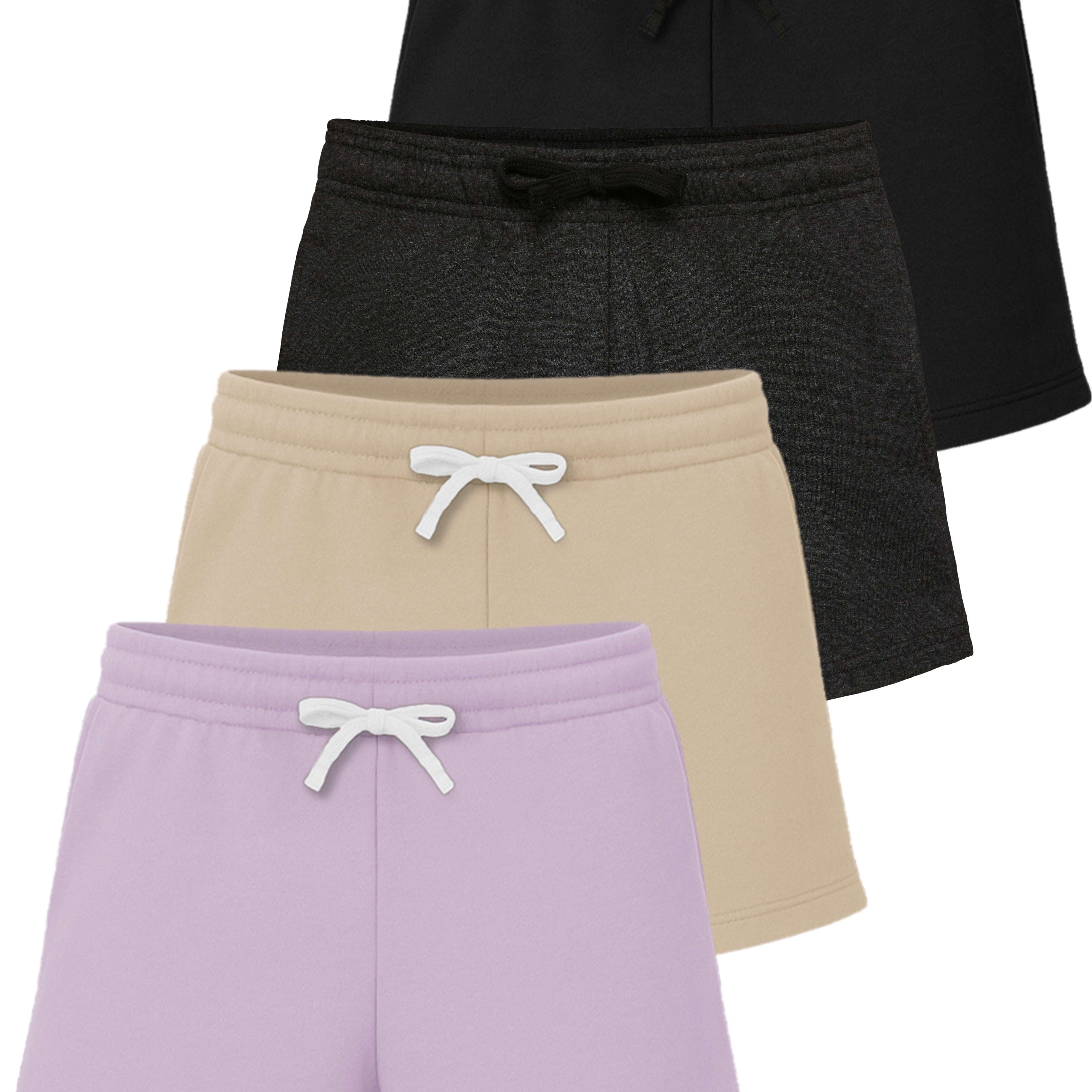 Real Essentials 4 Pack: Girls Fleece Shorts – Ultra Soft Pull On Lounge & Sport Shorts for School, Play & Everyday Comfort