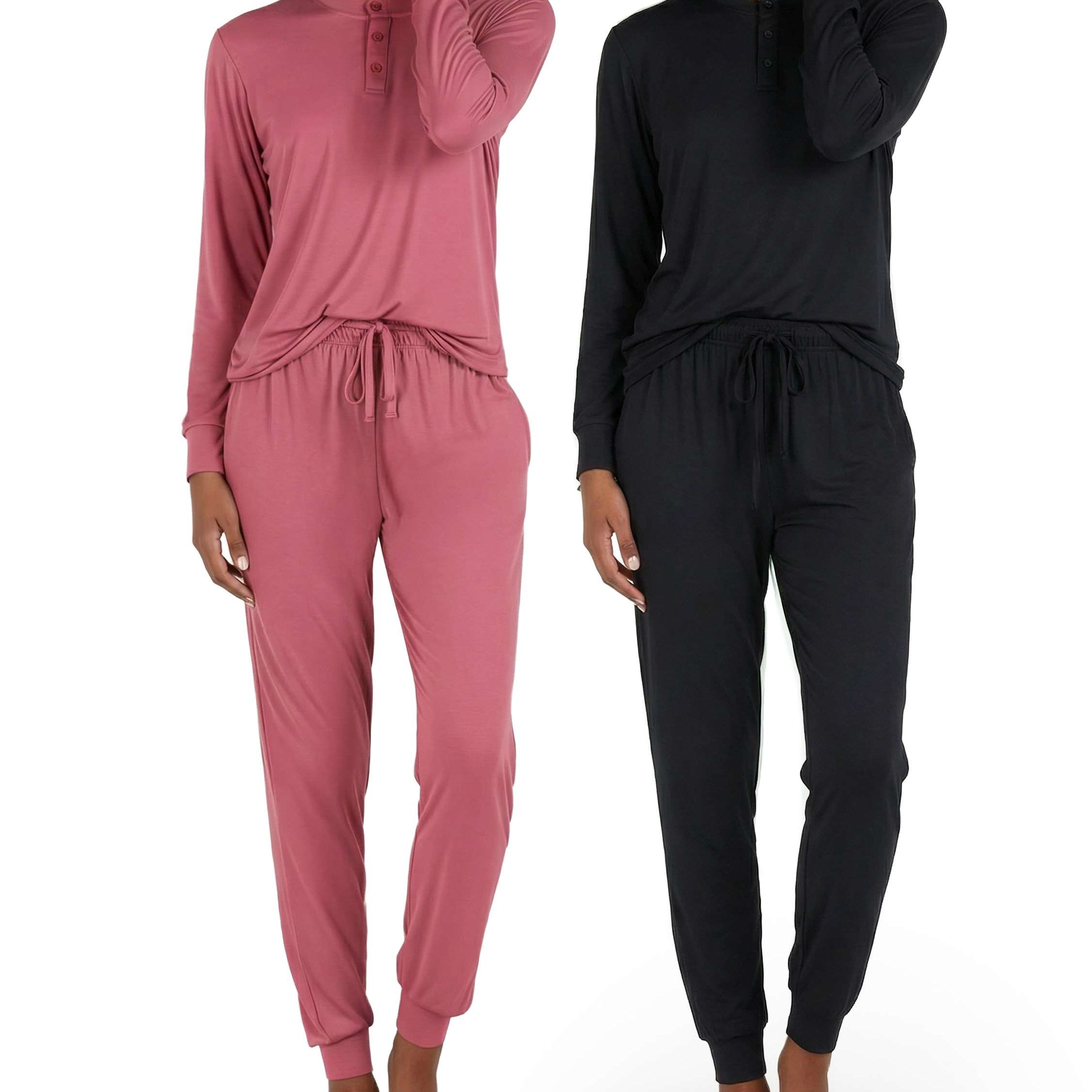 4 Piece: Womens Long Sleeve Henley & Jogger Lounge Pajama Set