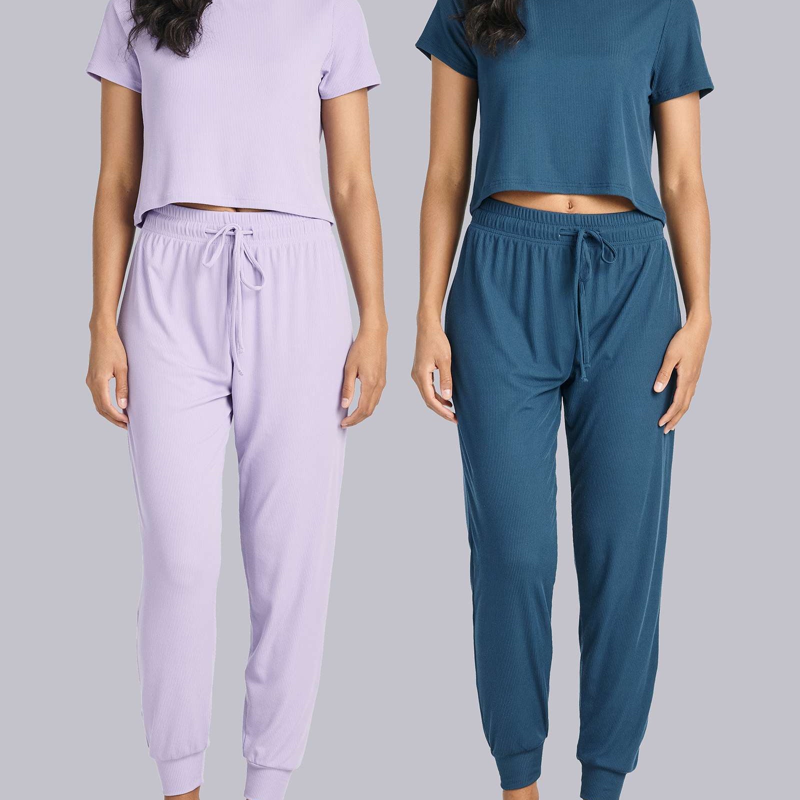 2 Pack: Women's Ribbed Knit Cropped Top with Jogger Sweatpants