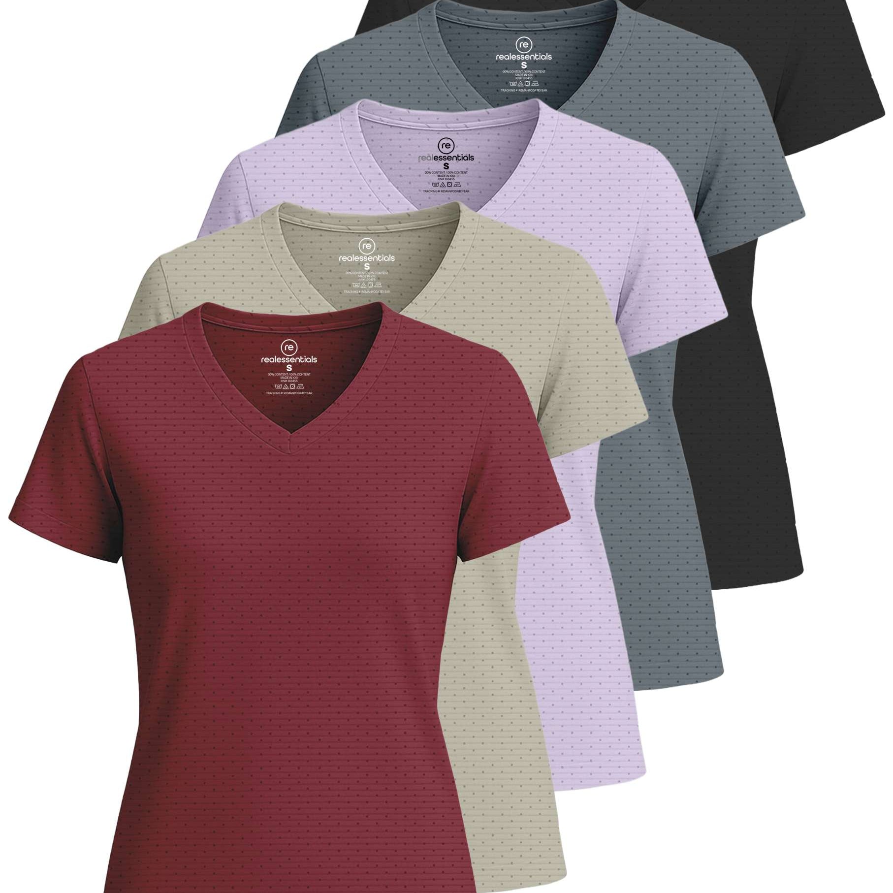 Real Essentials 5 Pack: Women's Short Sleeve Breeze Tech V-Neck T Shirt –Workout Top Wicking Dry Fit Athletic Tee (Plus)