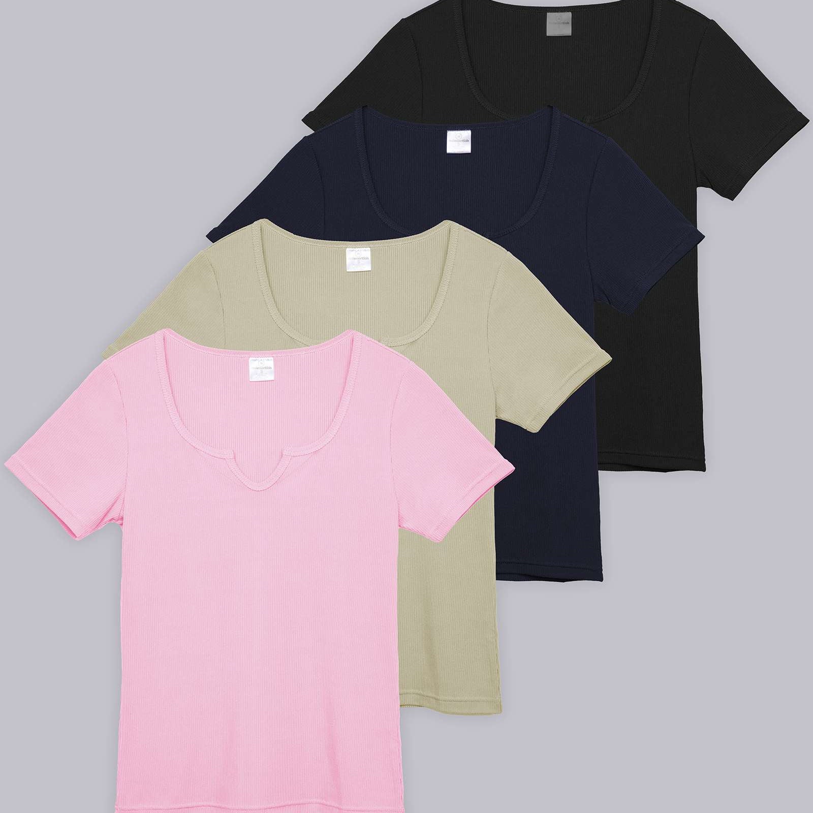 4 Pack: Women's Soft Ribbed Knit Split Neck T-Shirt