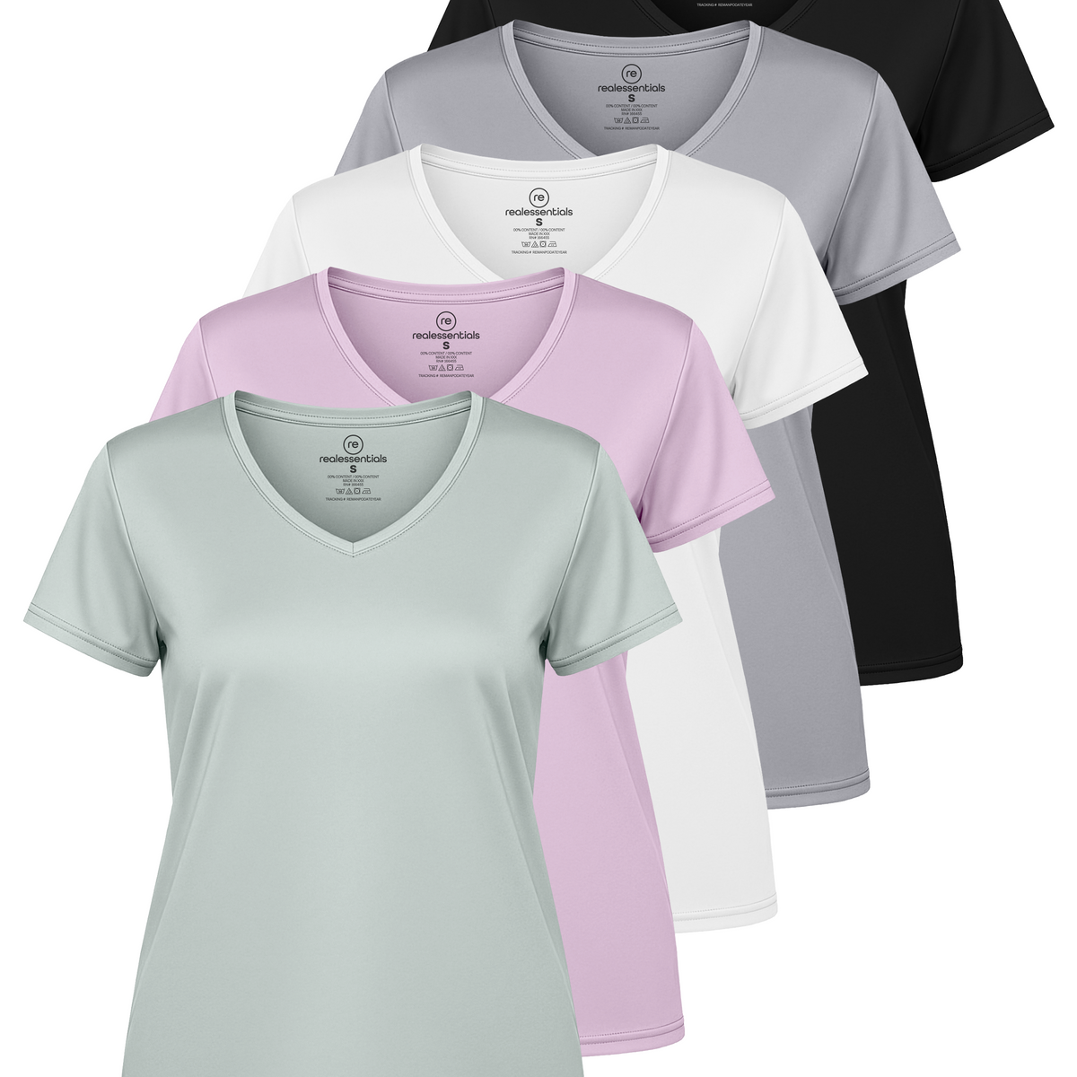 Real Essentials 5 Pack Womens Dry Fit V Neck Workout Tops Athletic T Shirts Gym Yoga Tees - Set 9