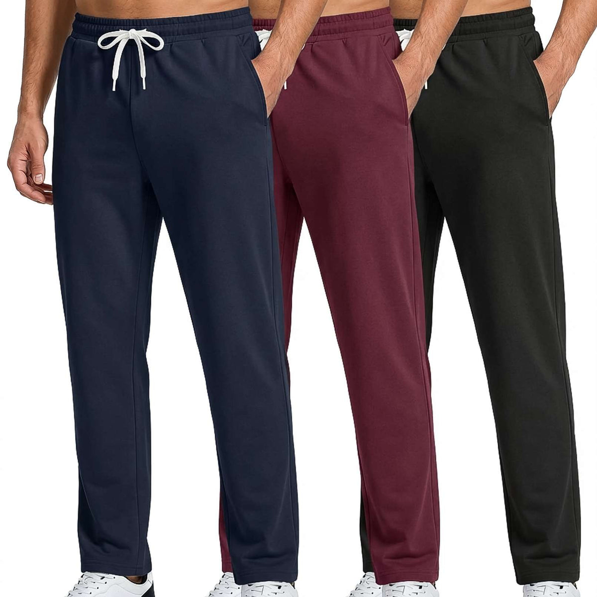 Real Essentials 3 Pack: Men's French Terry Open Bottom Sweatpants - Casual Lounge Comfort Gym with Pockets