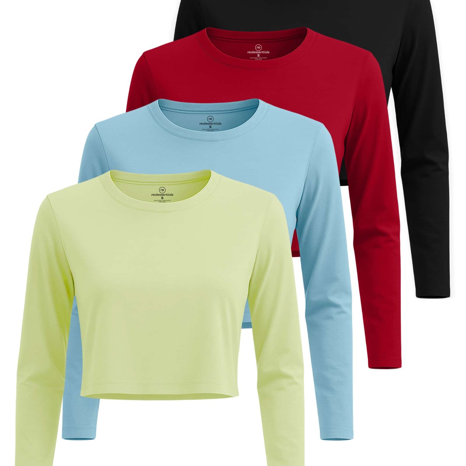 4 Pack: Women's Long Sleeve Crew Crop Top ( Available in Plus Size)
