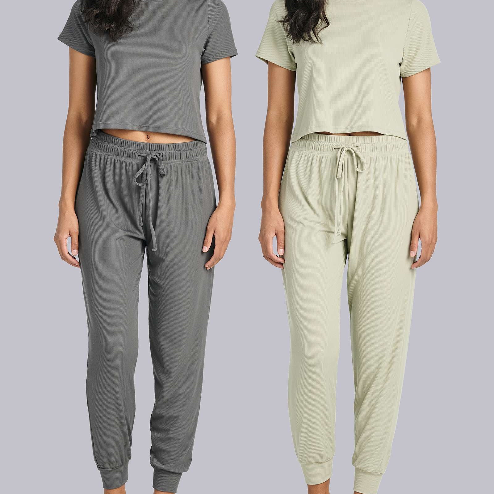 2 Pack: Women's Ribbed Knit Cropped Top with Jogger Sweatpants